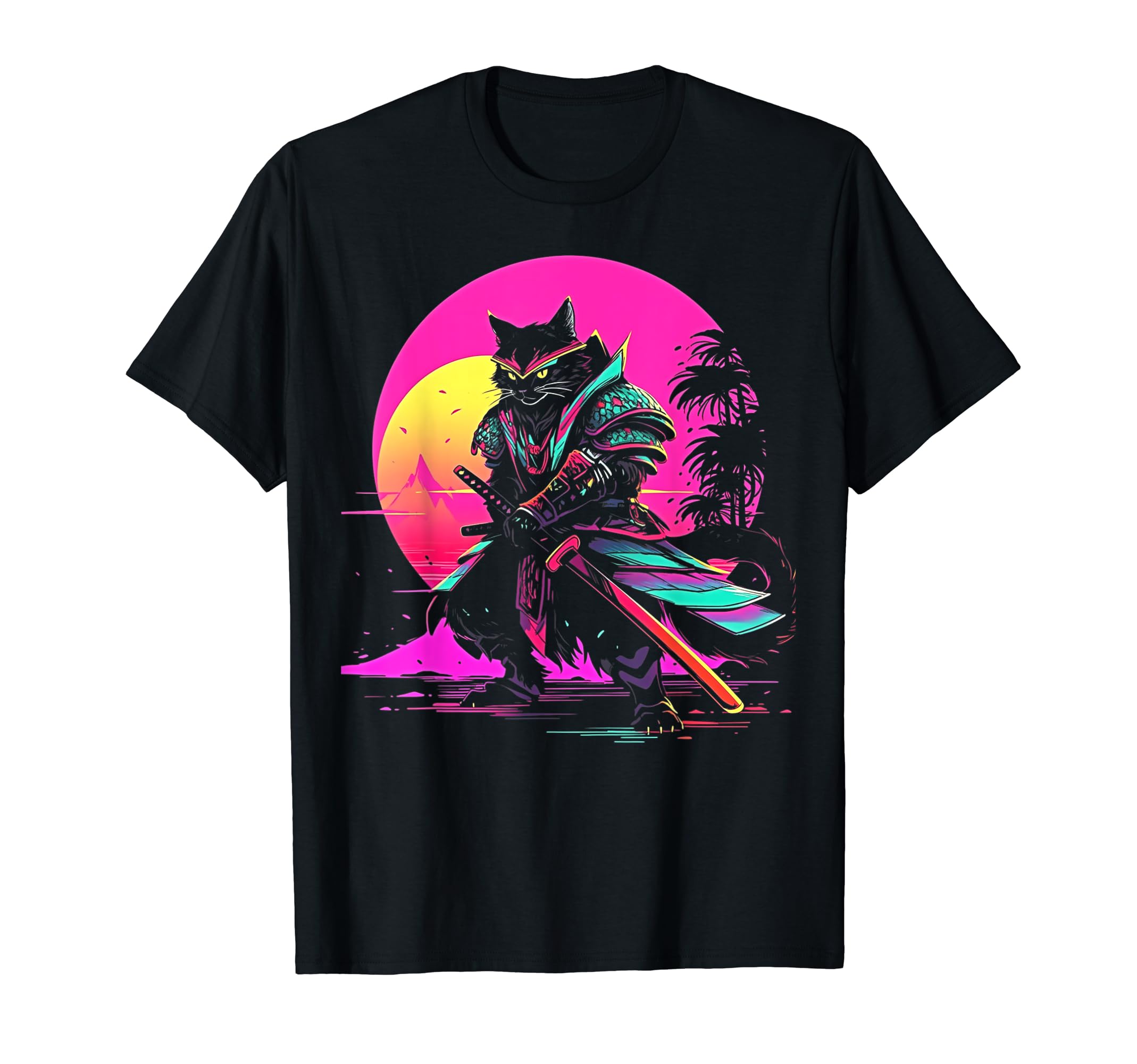 Synthwave Cat Samurai Mediation T-Shirt - Streetwear Style Men Women - T-Shirt, Sweatshirt, Hoodie