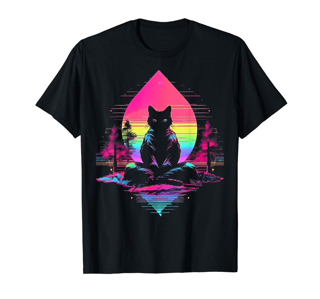 Synthwave Cat Samurai Mediation T-Shirt - Minimalist Print Men Women - T-Shirt, Sweatshirt, Hoodie