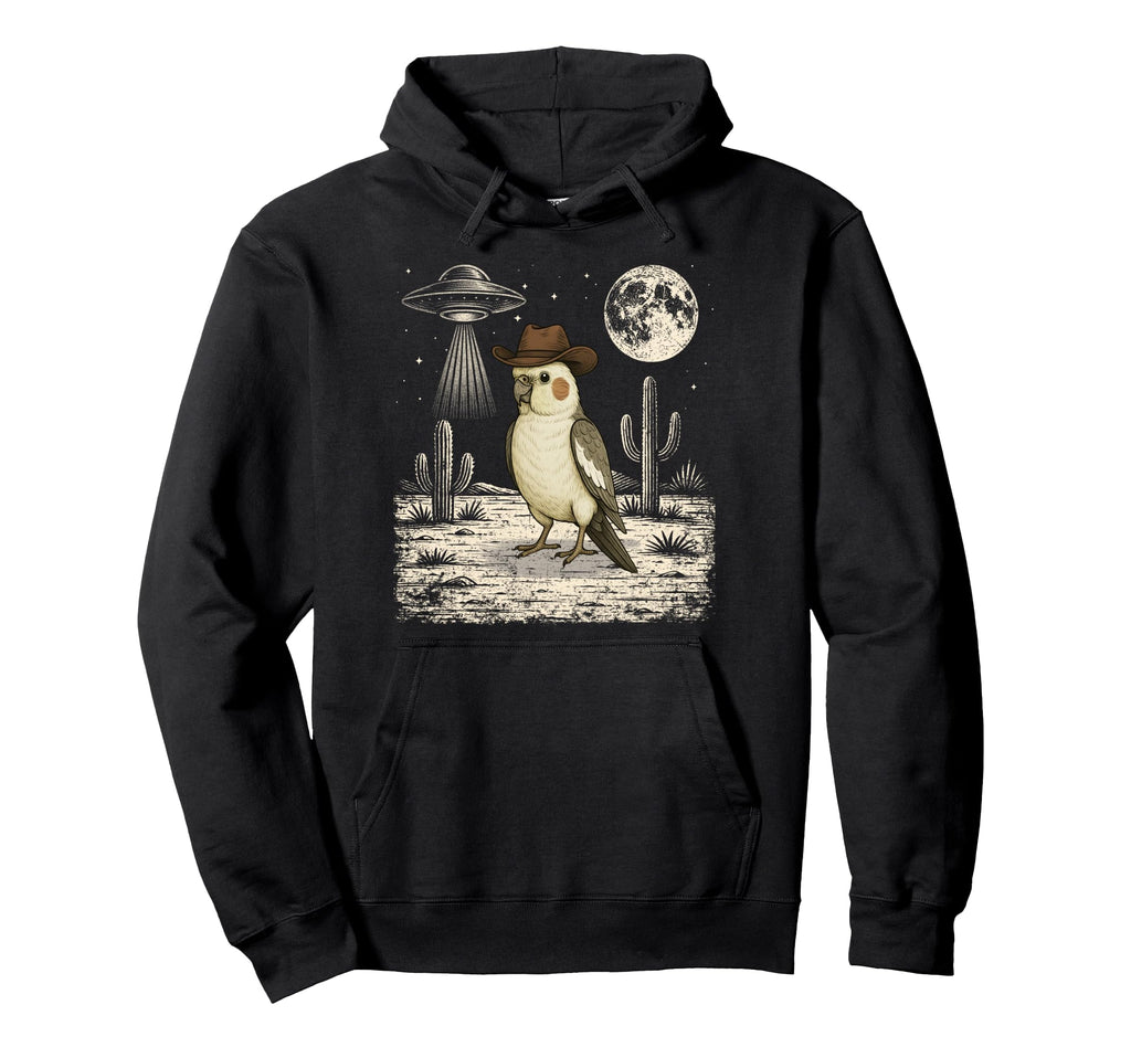 Funny Cockatiel Parrot Cowboy Western Ufo Hoodie - Unique Graphic Unisex - T-Shirt, Sweatshirt, Hoodie