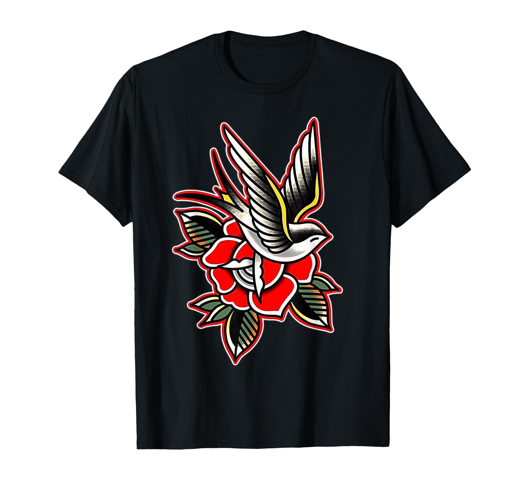Sparrow X Rose Traditional Tattoo T-Shirt - Aesthetic Graphic Men Women - T-Shirt, Sweatshirt, Hoodie