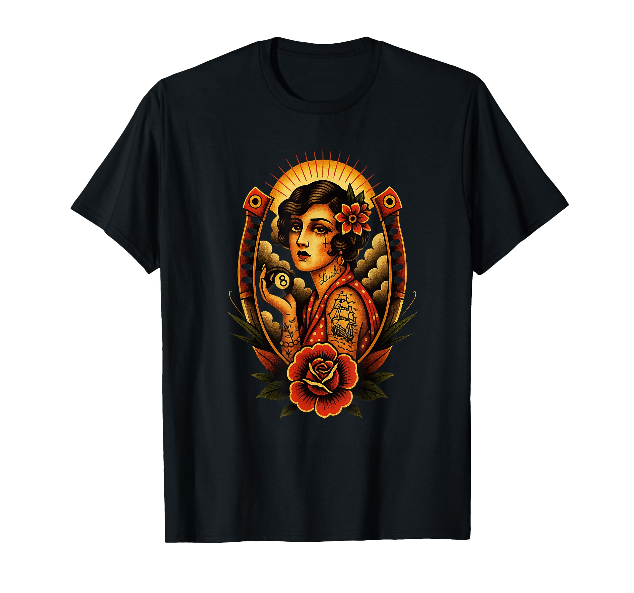 Lucky Lady 8 Ball Tattoo Art Old T-Shirt - Fun Novelty Design Men Women - T-Shirt, Sweatshirt, Hoodie