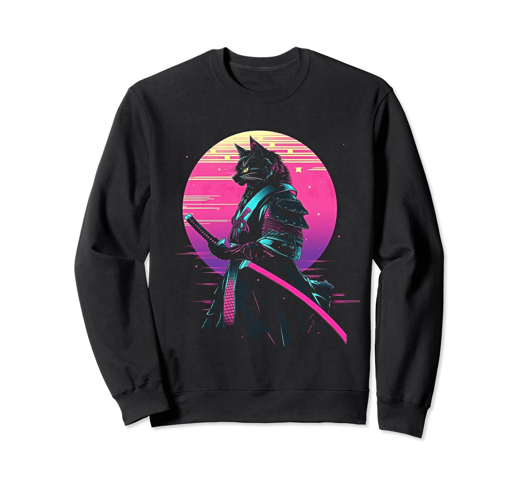 Synthwave Cat Samurai Mediation Sweatshirt - Trendy Graphic Men Women - T-Shirt, Sweatshirt, Hoodie