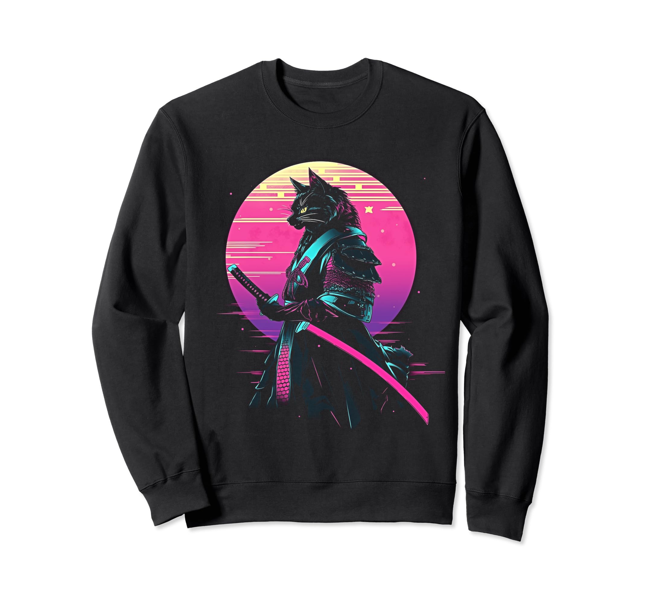Synthwave Cat Samurai Mediation Sweatshirt - Trendy Graphic Men Women - T-Shirt, Sweatshirt, Hoodie