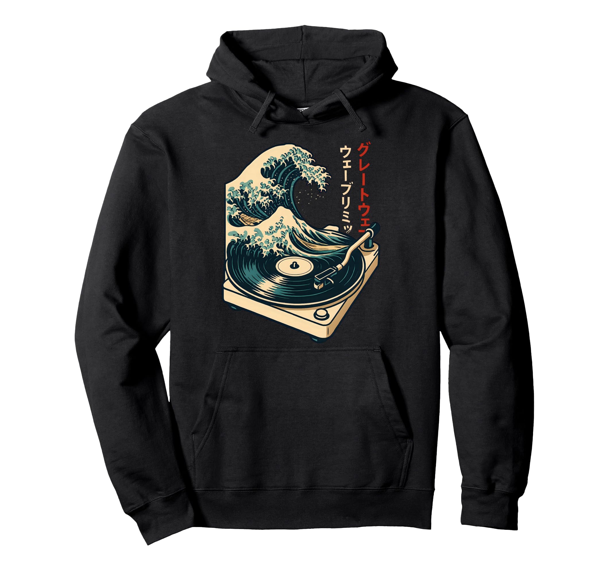 Vinyl Record Player Japanese Wave Art Bold Hoodie - Trendy Graphic Unisex - T-Shirt, Sweatshirt, Hoodie