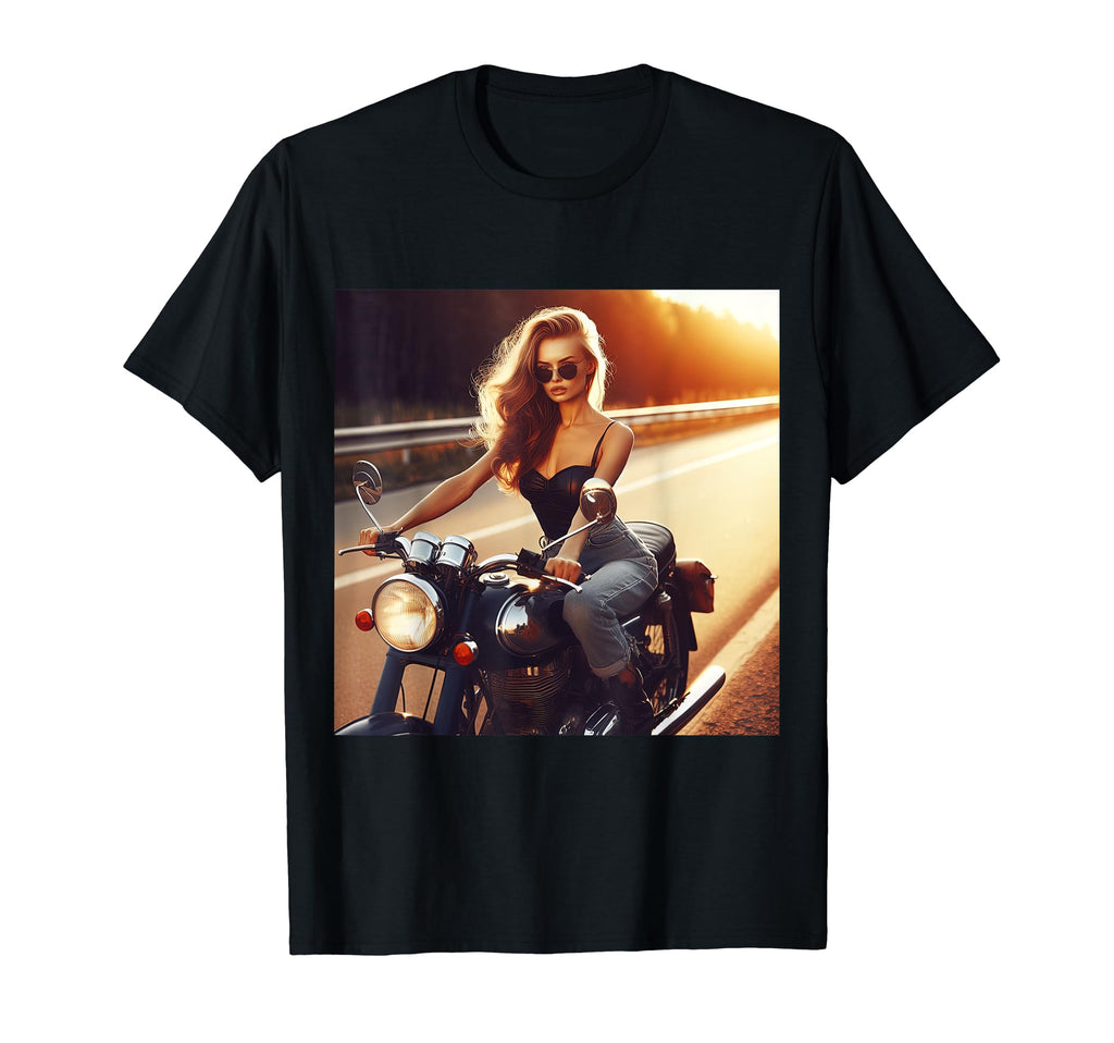 Beautiful Biker Babe Motorcycle T-Shirt - Custom Art Print Men Women - T-Shirt, Sweatshirt, Hoodie