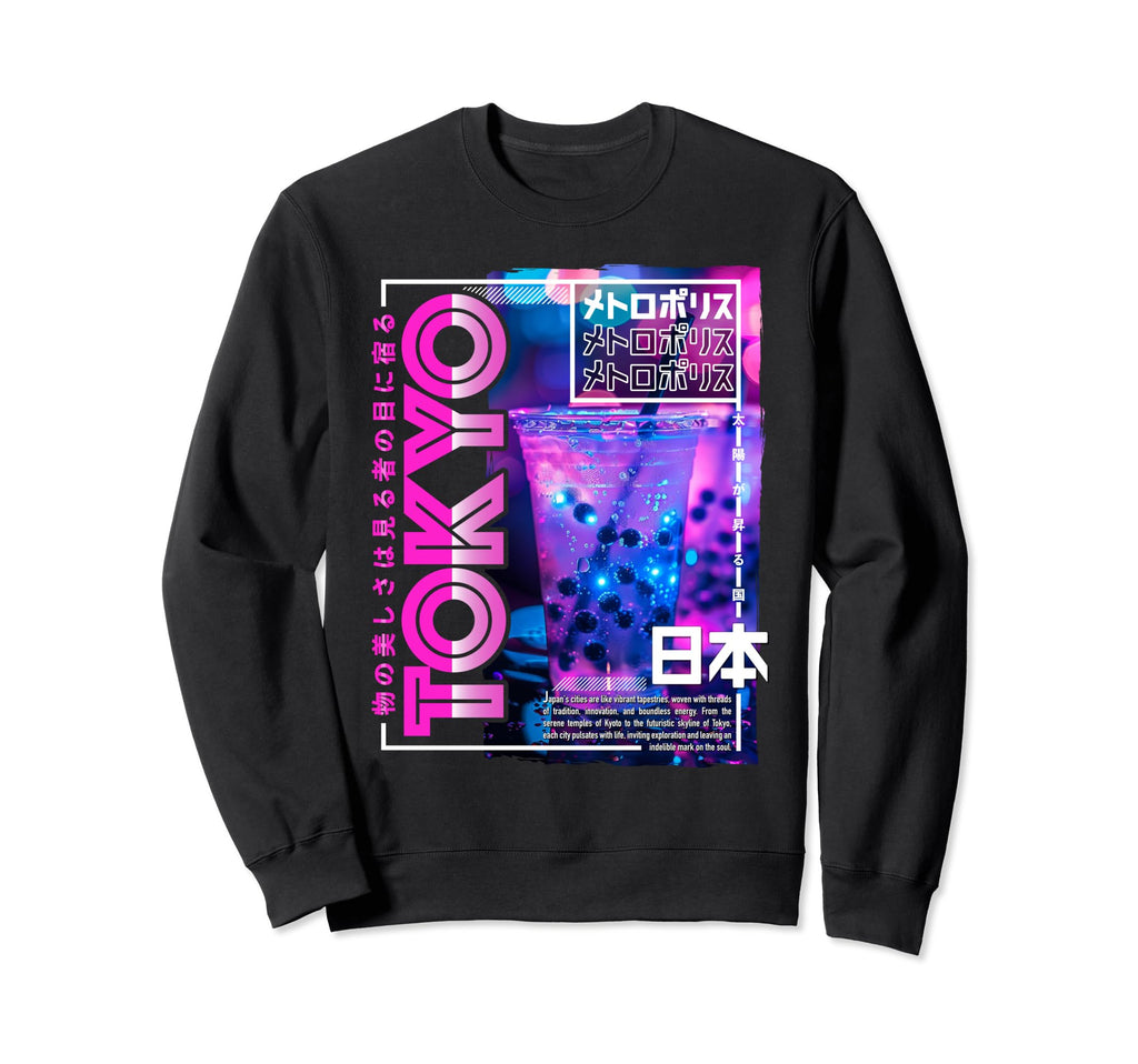 Tokyo City 80S Synthwave Boba Tea Sweatshirt - Trendy Graphic Men Women - T-Shirt, Sweatshirt, Hoodie
