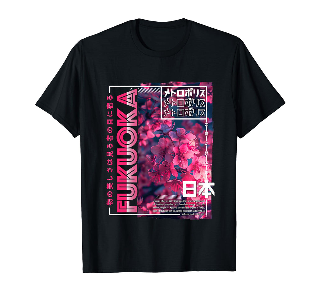 Fukuoka City 80S Synthwave Cherry Blossom T-Shirt - Unique Graphic Unisex - T-Shirt, Sweatshirt, Hoodie