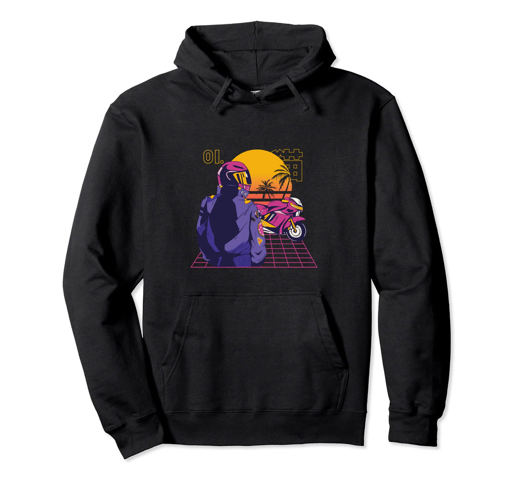 Synthwaves Motorcyclist Motorcycle Hoodie - Casual Everyday Wear Men Women - T-Shirt, Sweatshirt, Hoodie