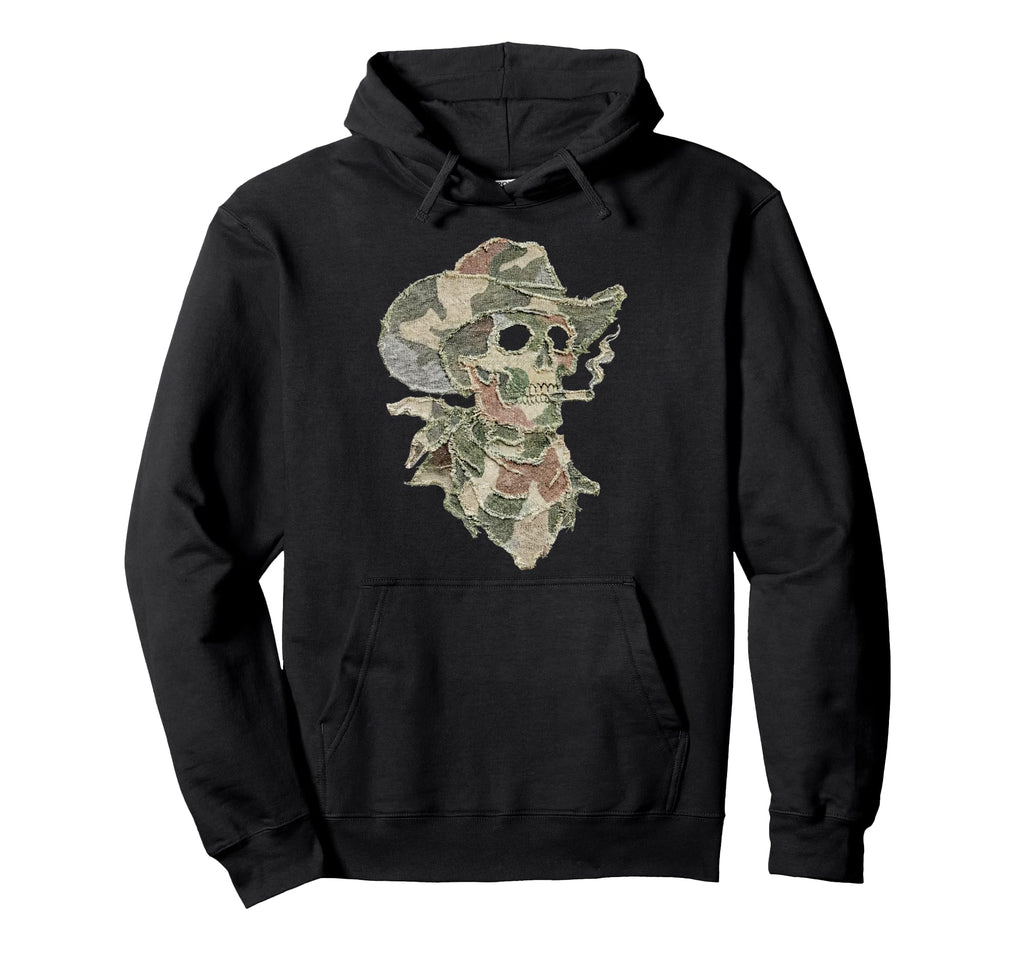 Camo Patchwork Western Cowboy Skeleton Hoodie - Trendy Graphic Unisex - T-Shirt, Sweatshirt, Hoodie