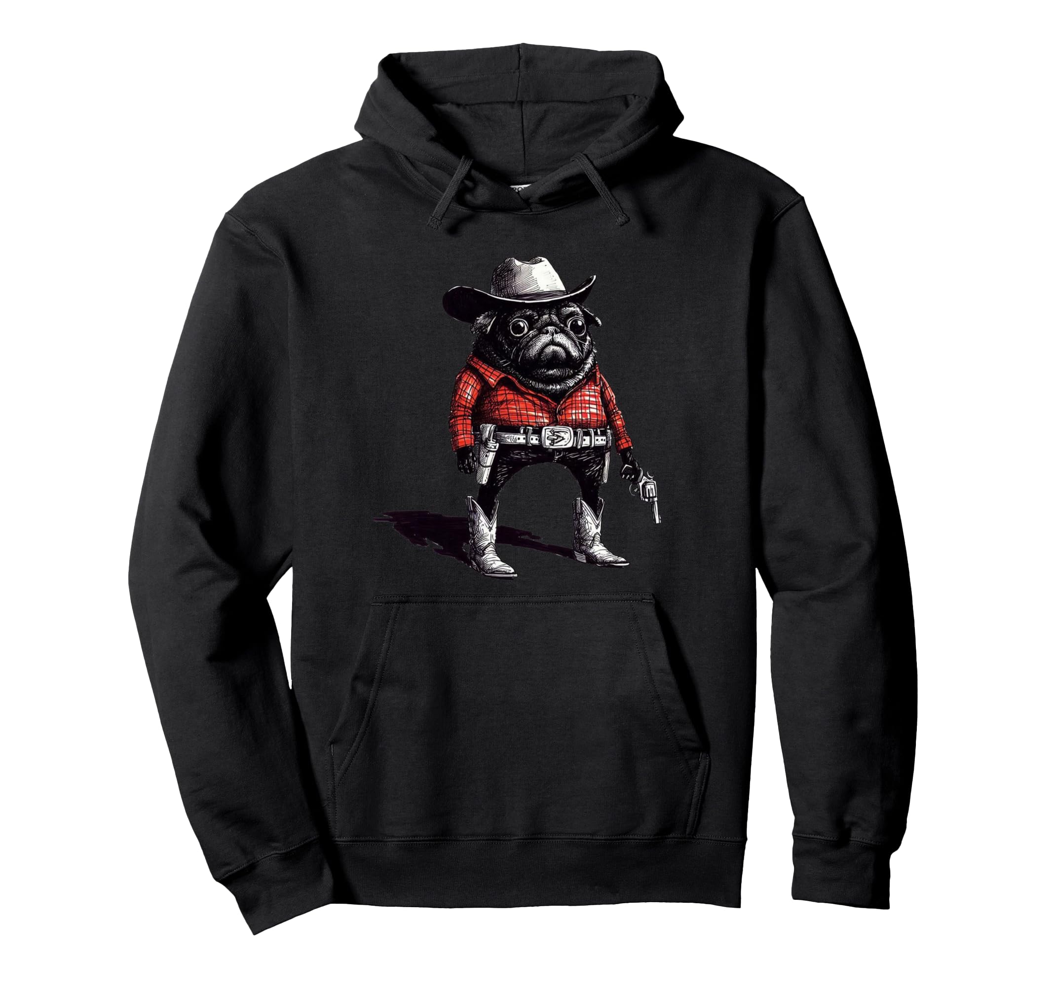 Pug Western Cowboy 90S Hoodie - Unique Graphic Unisex - T-Shirt, Sweatshirt, Hoodie