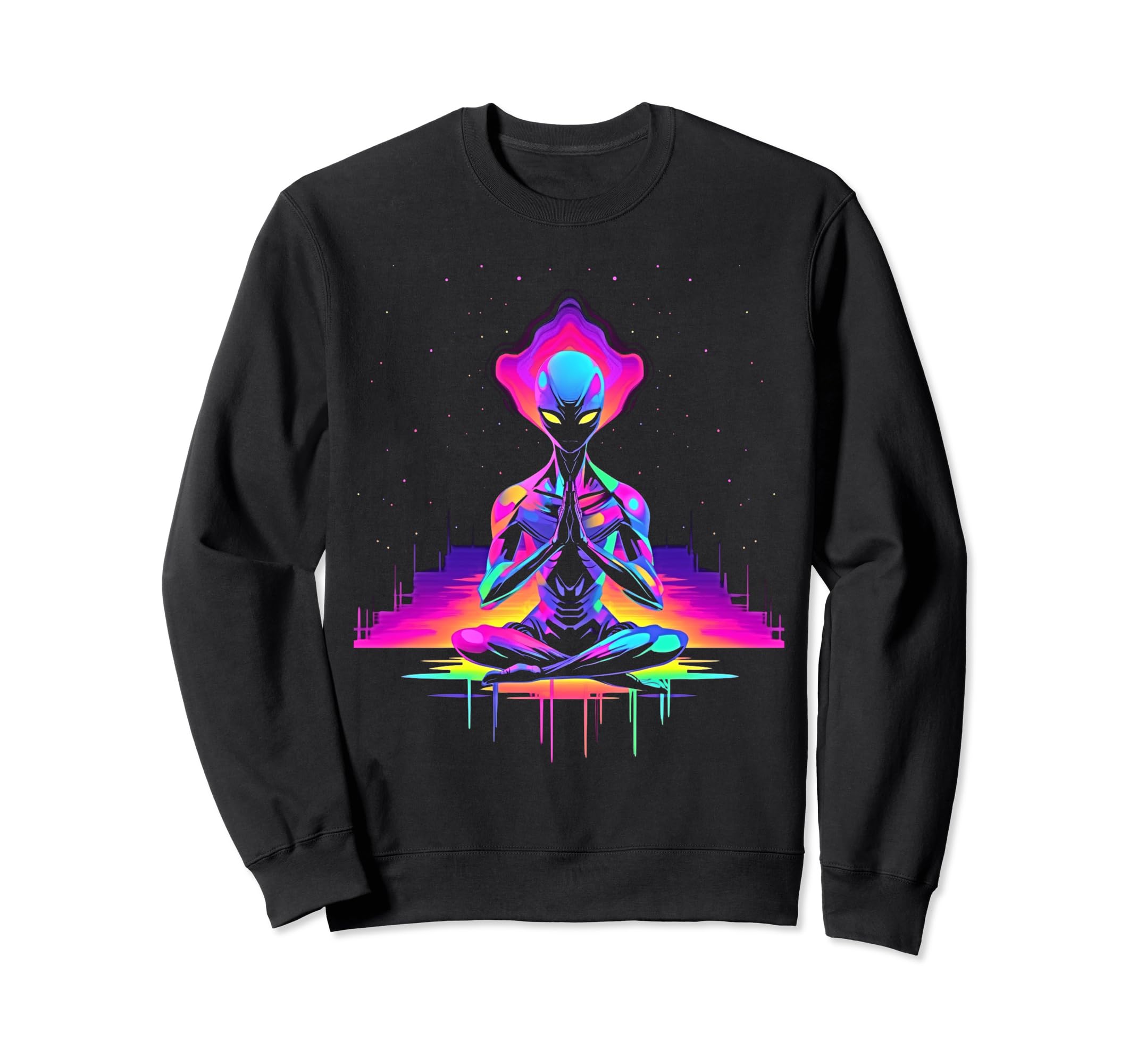 Synthwave Alien Buddha Cyberpunk 80S Sweatshirt - Unique Graphic Unisex - T-Shirt, Sweatshirt, Hoodie