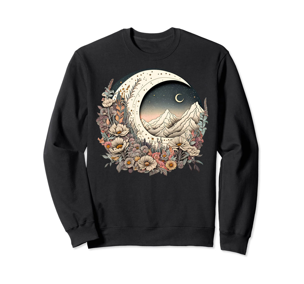 Floral Moon And Mountain Aesthetic Sweatshirt - Custom Art Print Unisex - T-Shirt, Sweatshirt, Hoodie