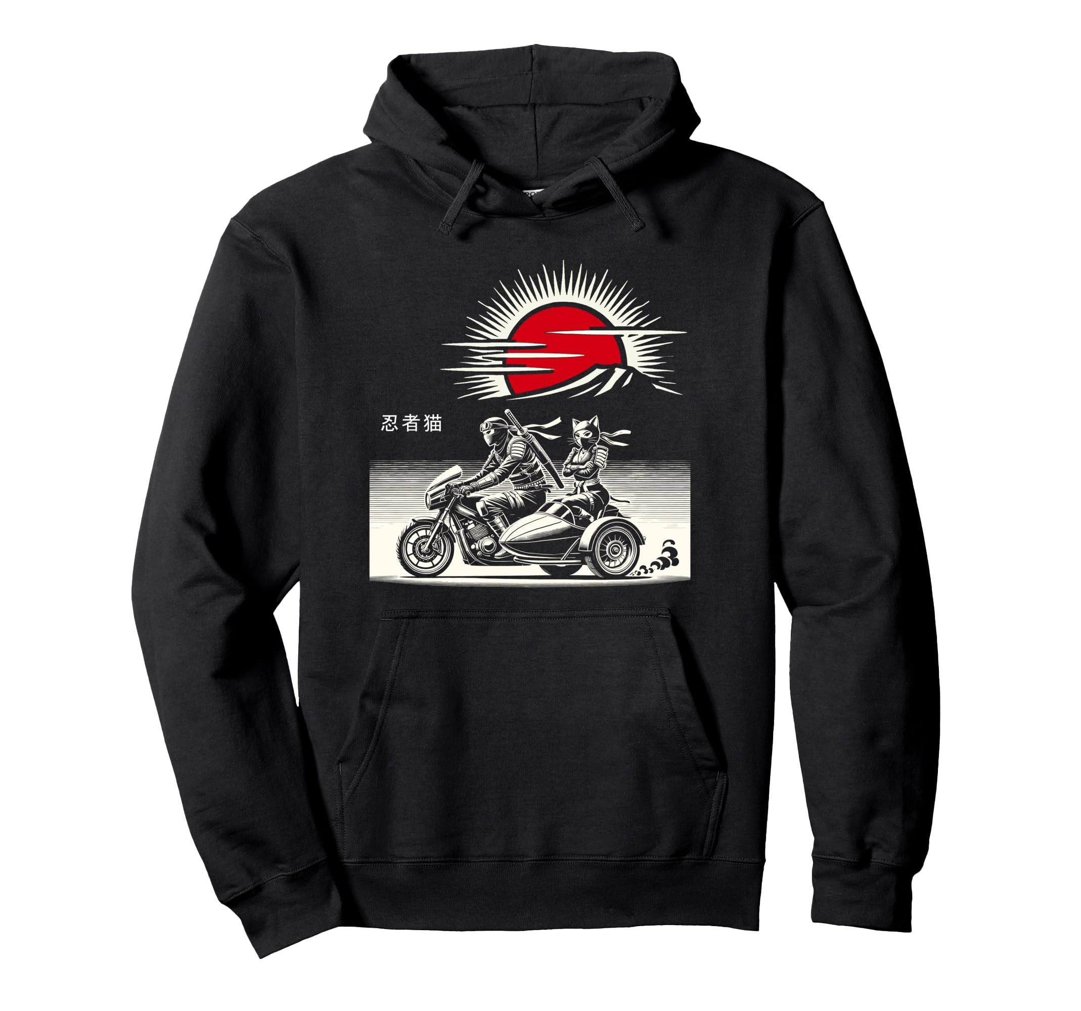 Samurai Cat Riding Motorcycle Ninja Cat Hoodie - Graphic Print Unisex - T-Shirt, Sweatshirt, Hoodie