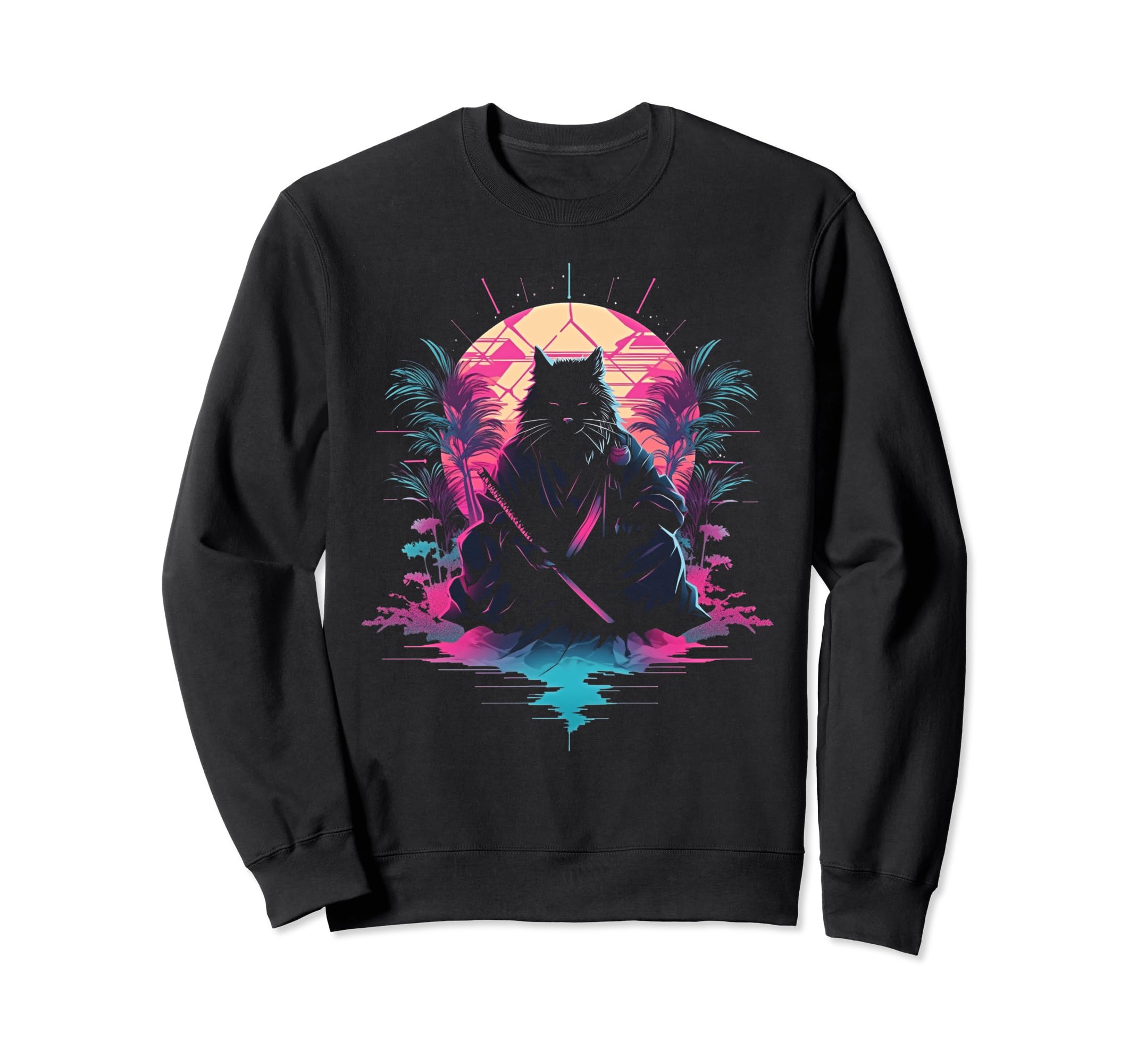 Synthwave Cat Samurai Mediation Sweatshirt - Unique Graphic Unisex - T-Shirt, Sweatshirt, Hoodie