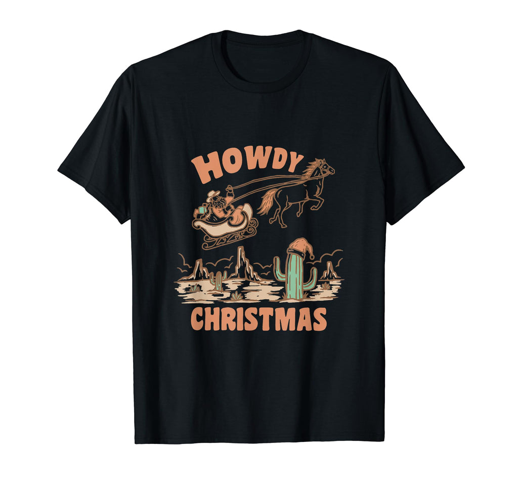 Howdy Santa Riding Horse Western Groovy T-Shirt - Minimalist Print Unisex - T-Shirt, Sweatshirt, Hoodie