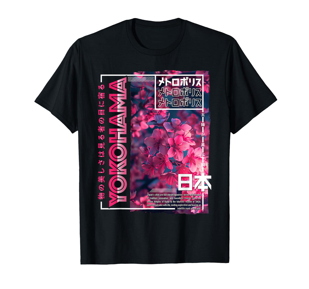 Yokohama City 80S Synthwave Cherry Blossom T-Shirt - Unique Graphic Unisex - T-Shirt, Sweatshirt, Hoodie