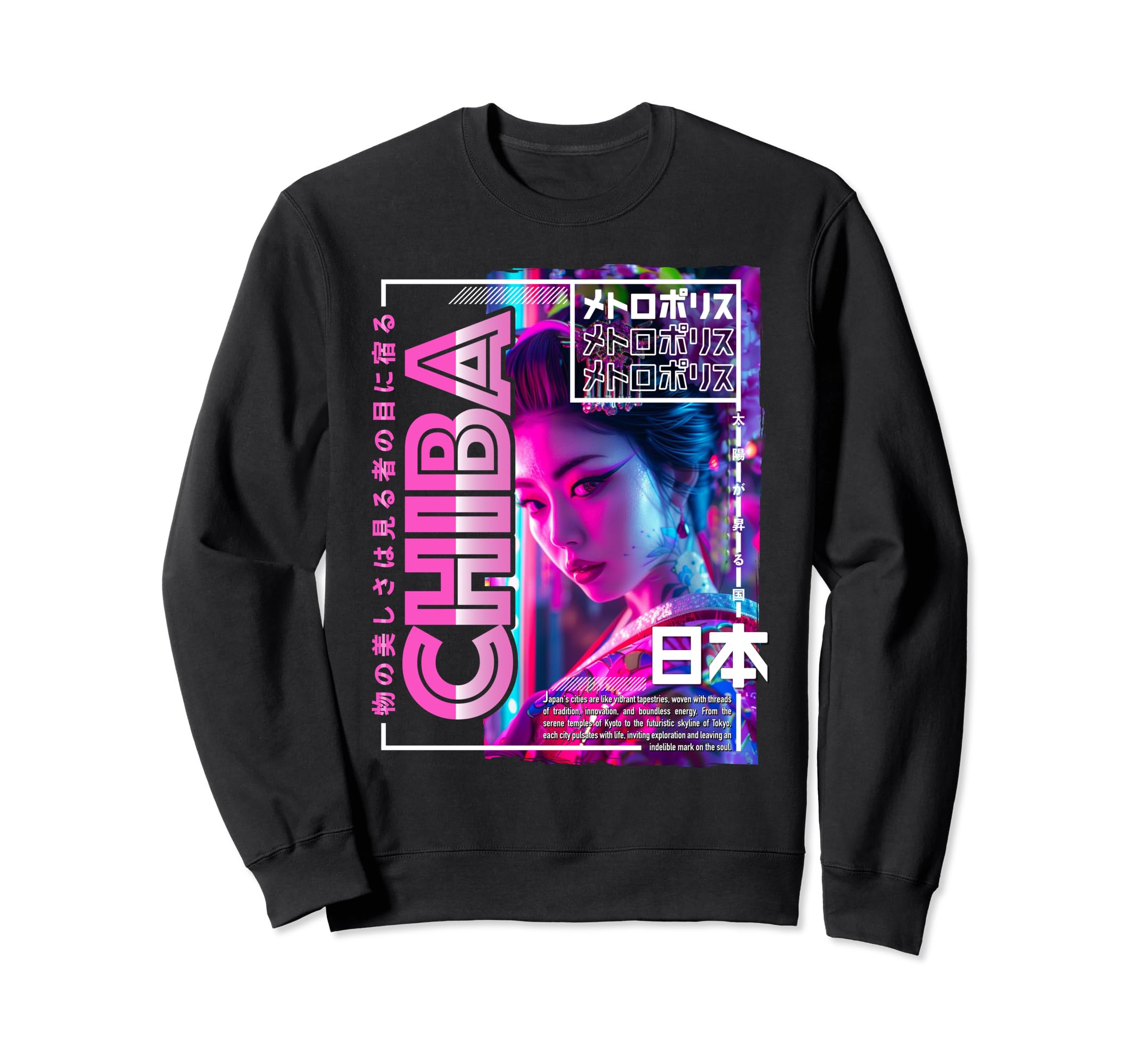 Chiba City 80S Synthwave Geisha Sweatshirt - Aesthetic Graphic Men Women - T-Shirt, Sweatshirt, Hoodie