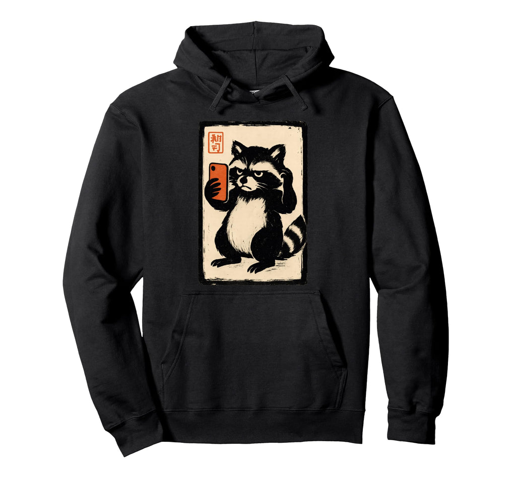 Ukiyo E Raccoon Selfie Woodcut Hoodie - Novelty Apparel for Adults - T-Shirt, Sweatshirt, Hoodie