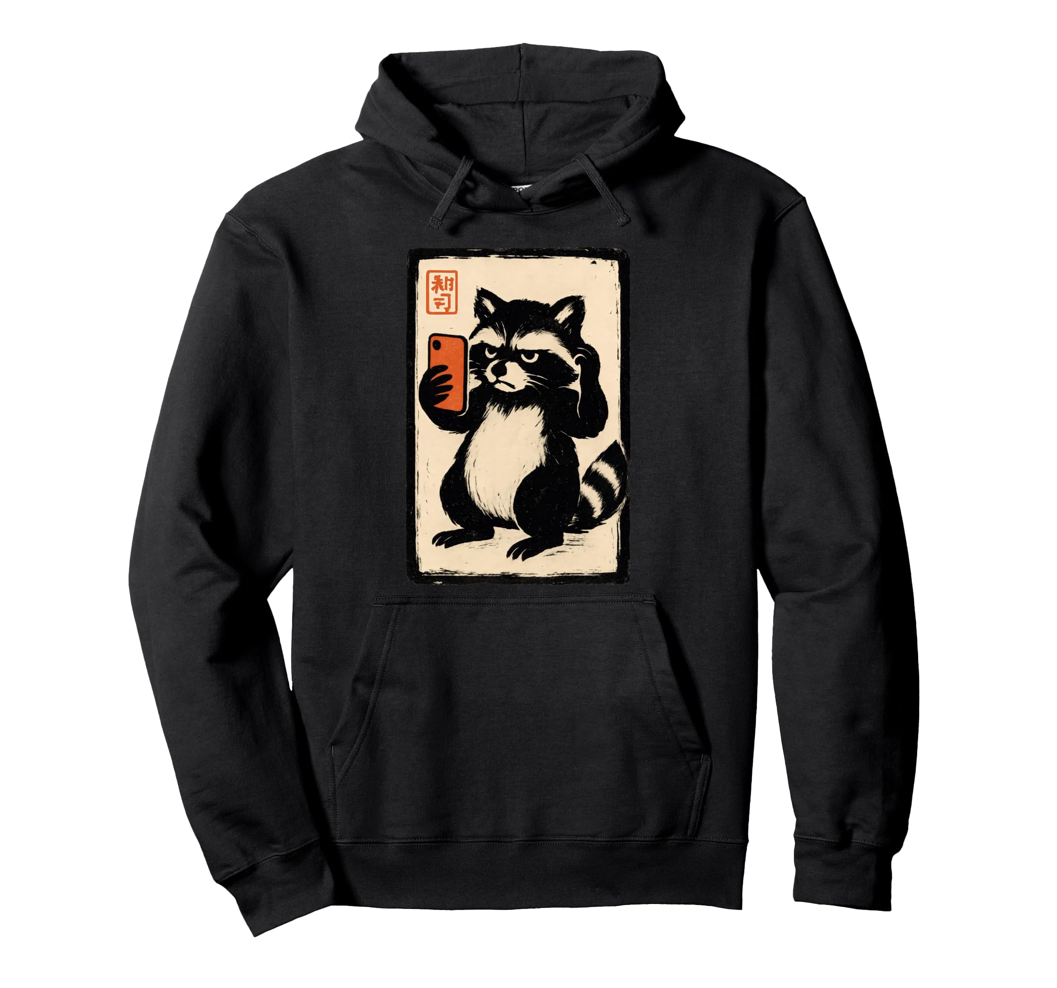 Ukiyo E Raccoon Selfie Woodcut Hoodie - Novelty Apparel for Adults - T-Shirt, Sweatshirt, Hoodie