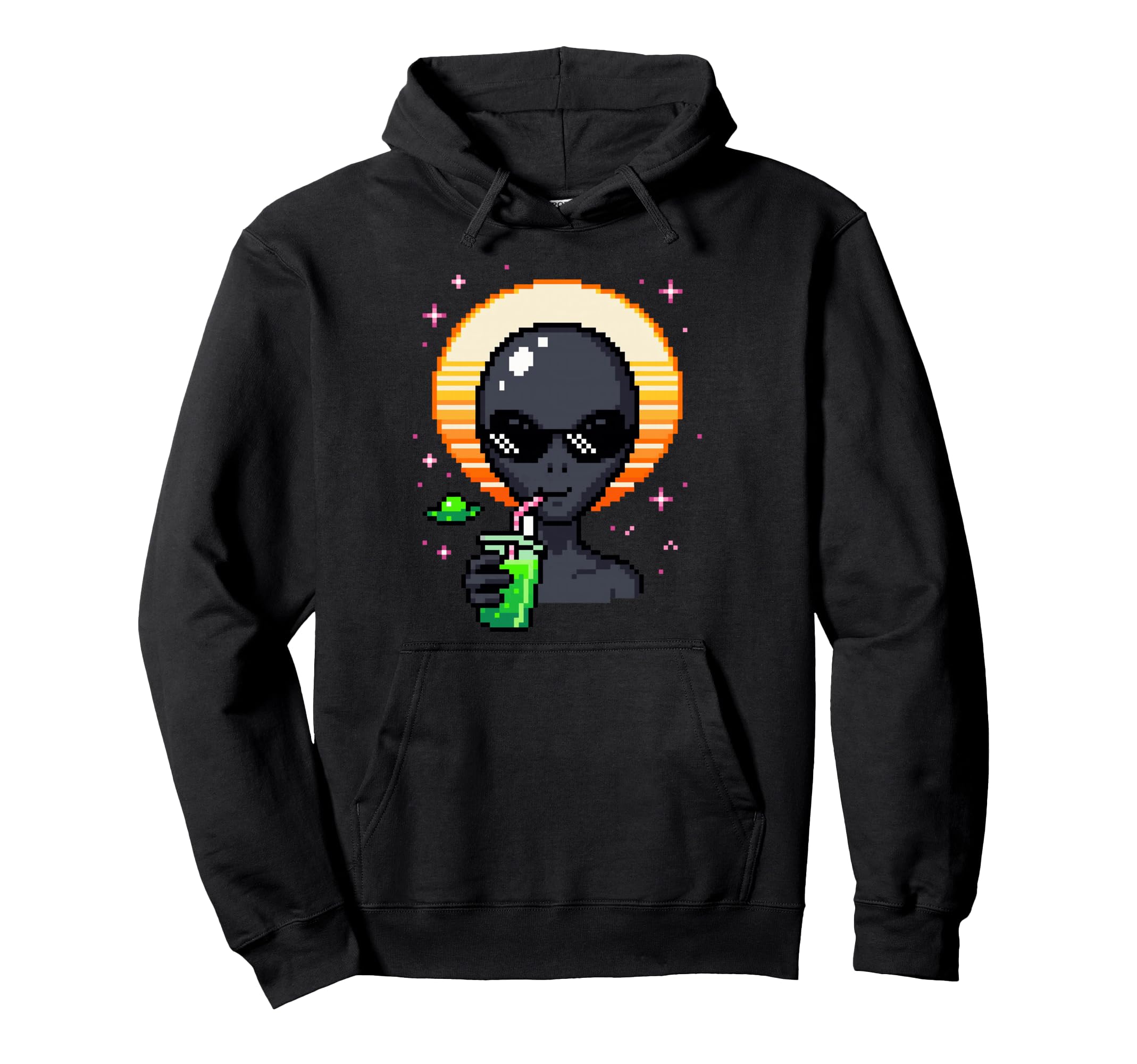 Alien Pixel Art Space Drink Synthwave Hoodie - Novelty Apparel for Adults - T-Shirt, Sweatshirt, Hoodie