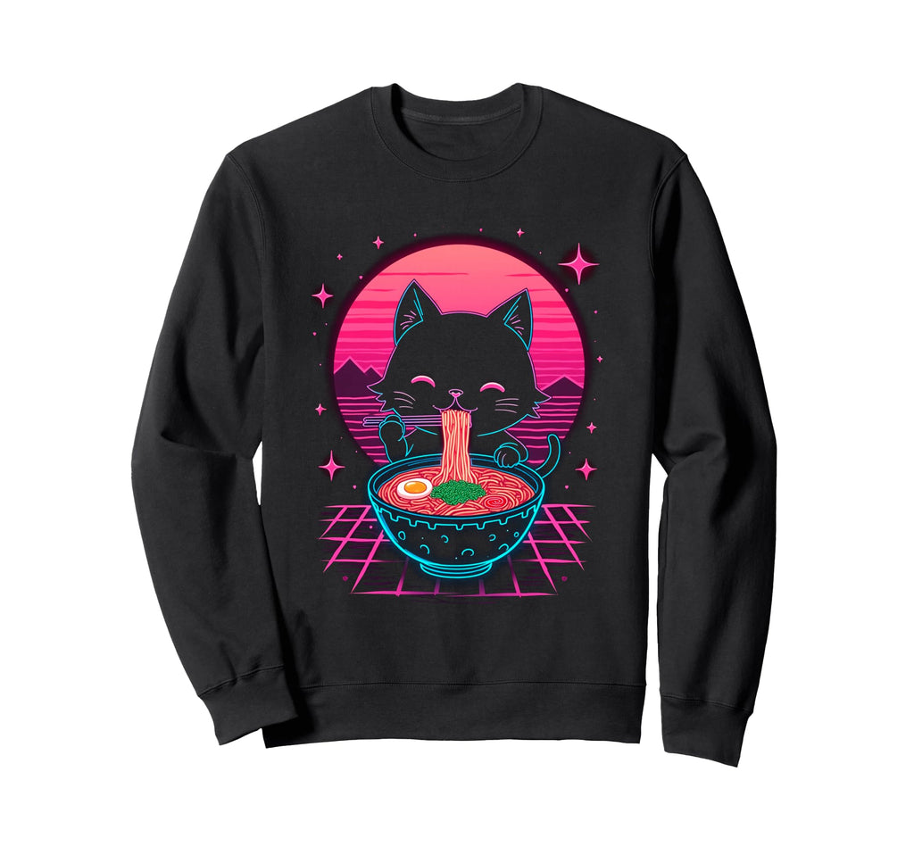 Synthwave Cat Ramen Anime Sweatshirt - Fun Novelty Design for Adults - T-Shirt, Sweatshirt, Hoodie