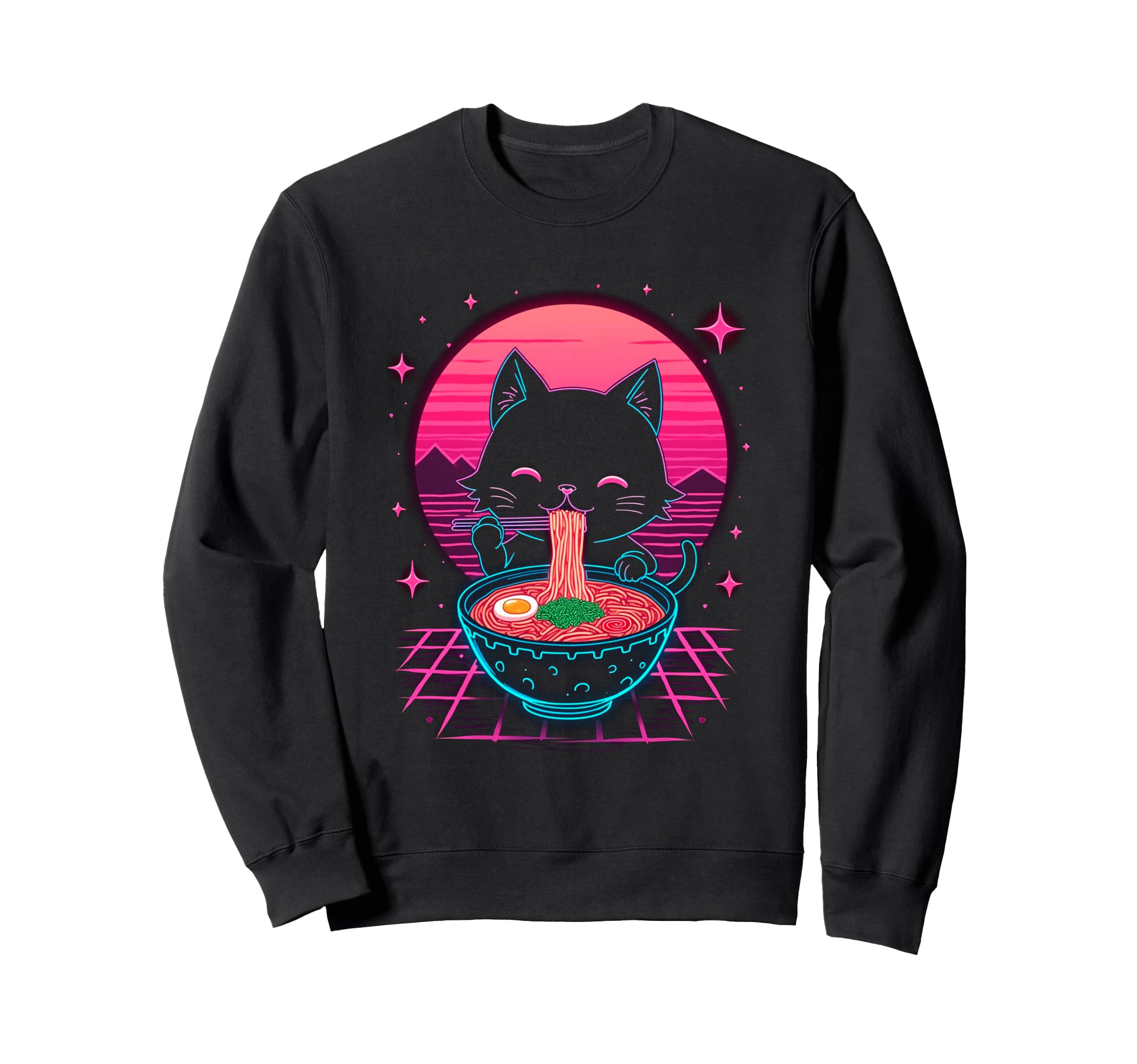 Synthwave Cat Ramen Anime Sweatshirt - Fun Novelty Design for Adults - T-Shirt, Sweatshirt, Hoodie