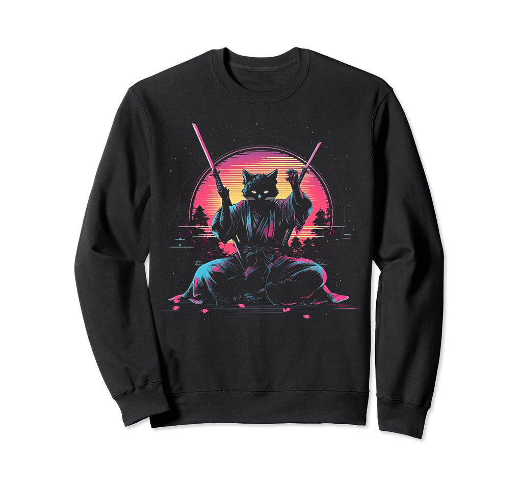 Synthwave Cat Samurai Mediation Sweatshirt - Streetwear Style Unisex - T-Shirt, Sweatshirt, Hoodie