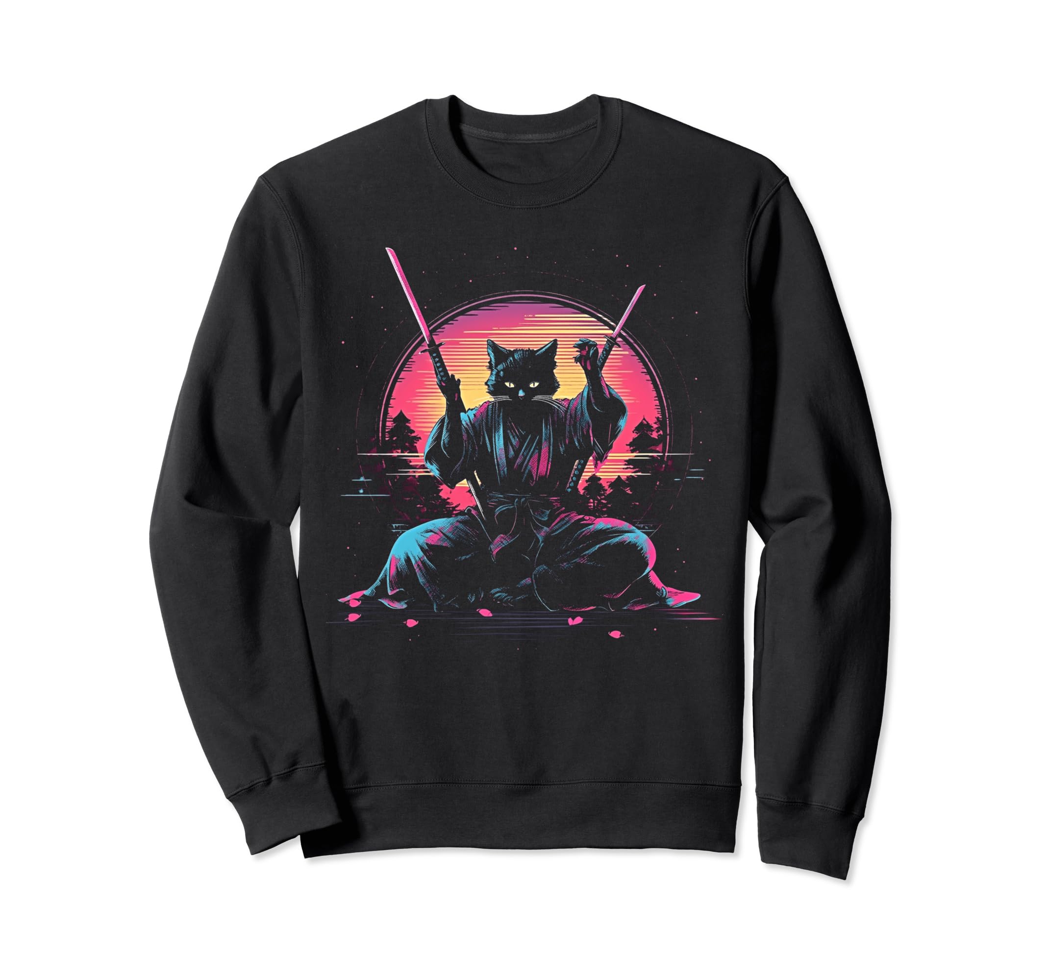 Synthwave Cat Samurai Mediation Sweatshirt - Streetwear Style Unisex - T-Shirt, Sweatshirt, Hoodie
