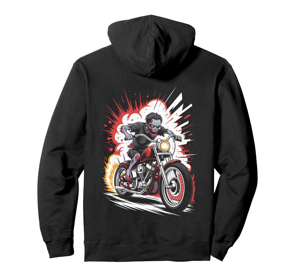 Zombie Biker Riding Motorcycle Hoodie - Fun Novelty Design Men Women - T-Shirt, Sweatshirt, Hoodie