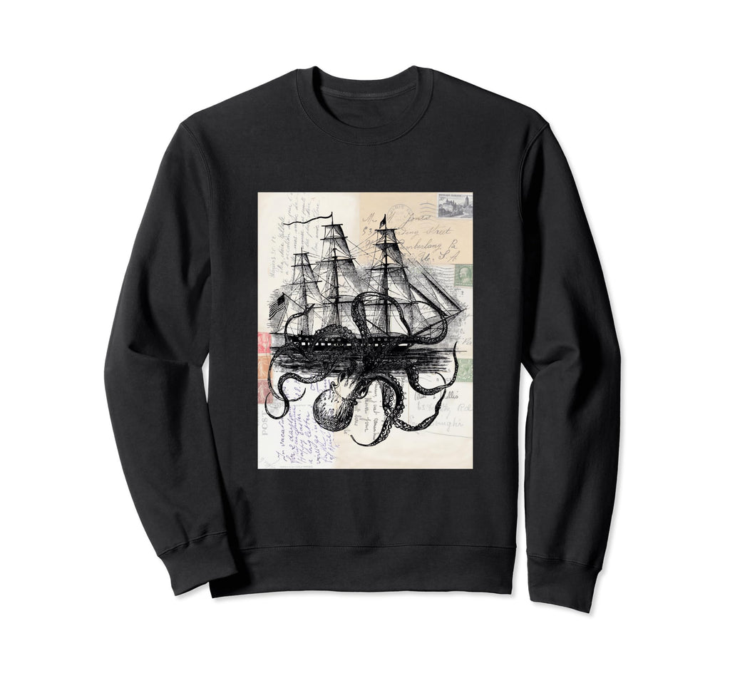 Kraken Attacking Antique Postcards Sweatshirt - Novelty Apparel for Adults - T-Shirt, Sweatshirt, Hoodie