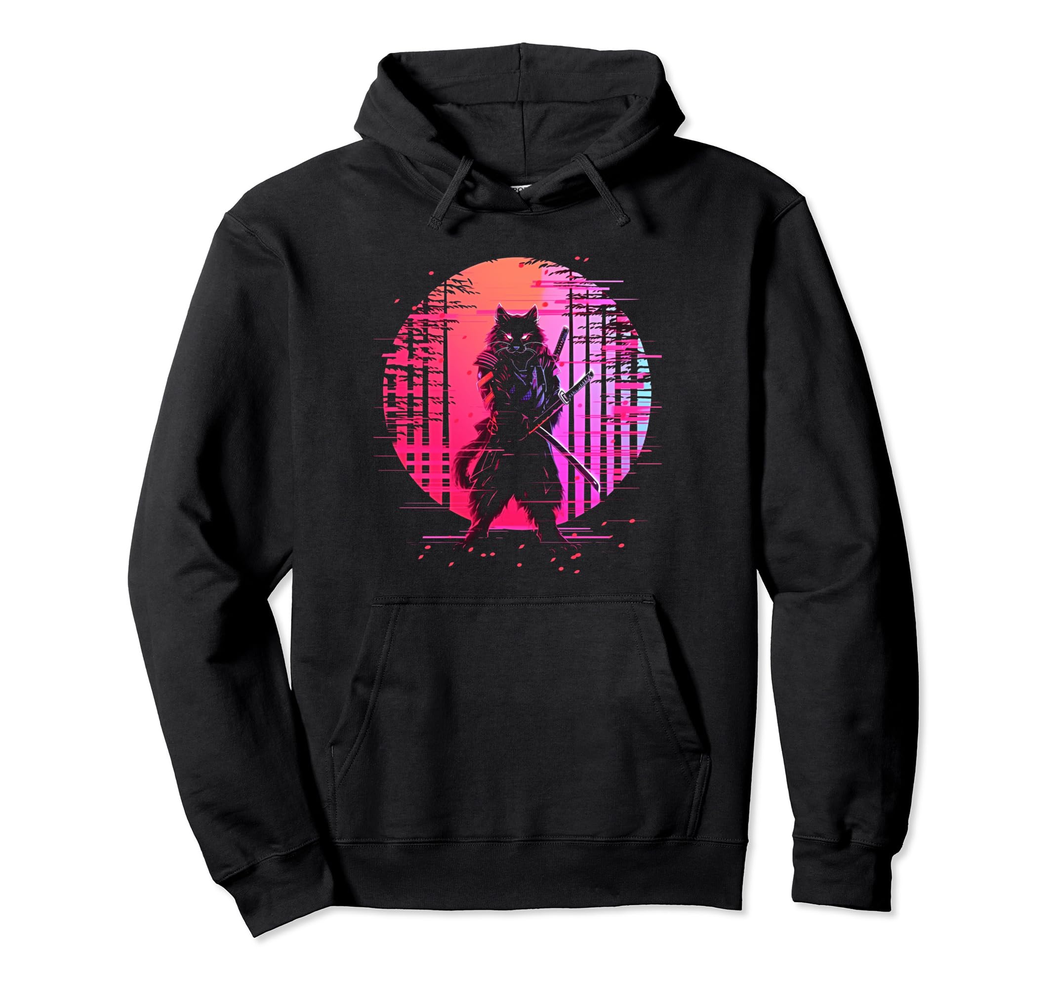Synthwave Cat Samurai Mediation Hoodie - Unique Graphic Men Women - T-Shirt, Sweatshirt, Hoodie