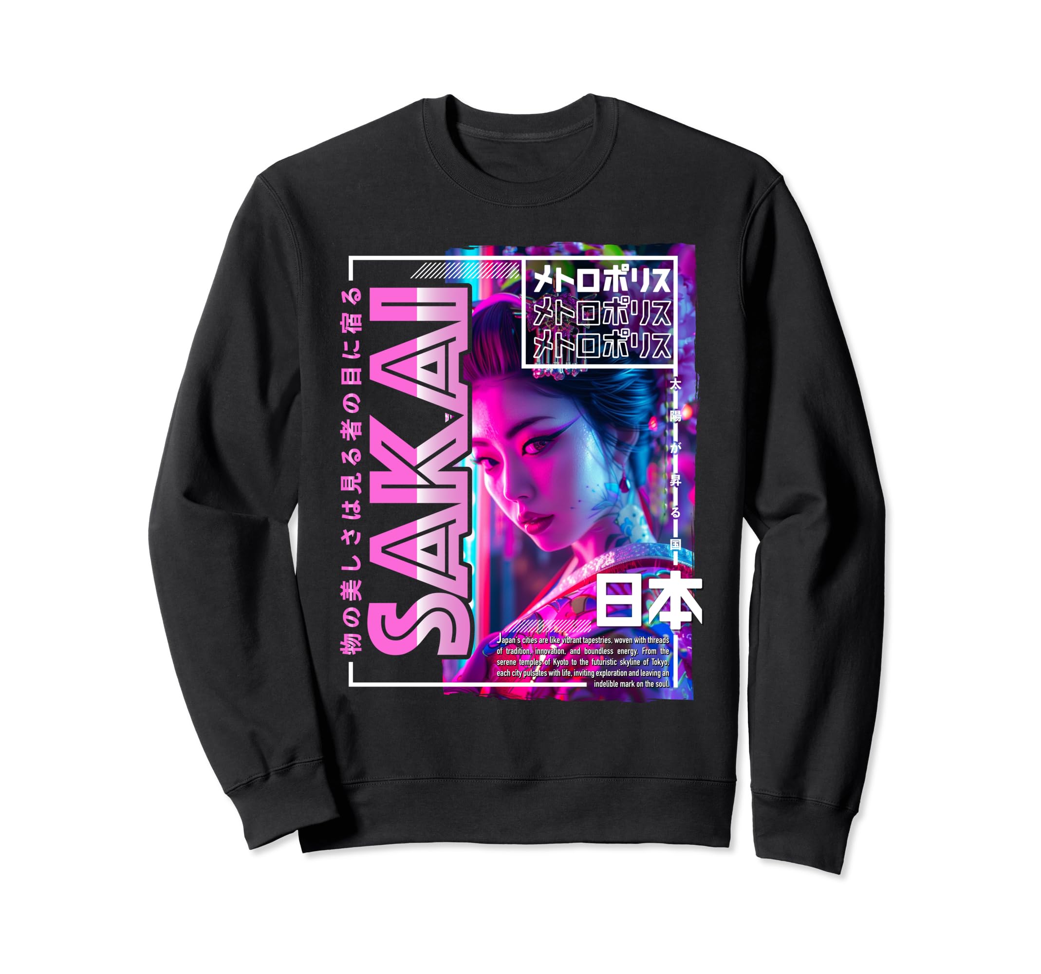 Sakai City 80S Synthwave Geisha Sweatshirt - Aesthetic Graphic for Adults - T-Shirt, Sweatshirt, Hoodie
