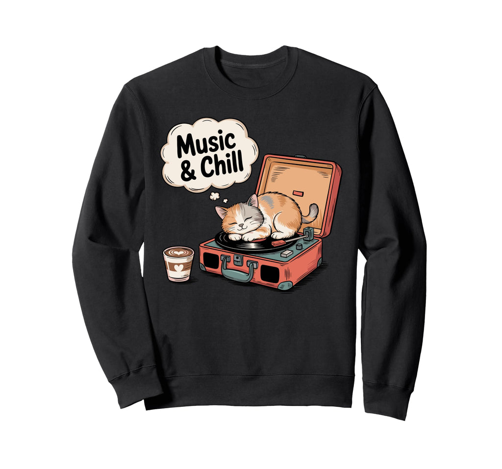 Music And Chill Cat Sleeping Record Sweatshirt - Trendy Graphic Men Women - T-Shirt, Sweatshirt, Hoodie