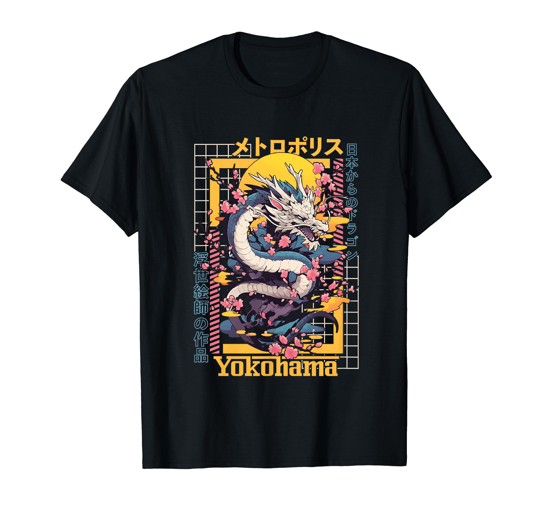 Yokohama City Synthwave 80S Dragon Asian T-Shirt - Trendy Graphic Unisex - T-Shirt, Sweatshirt, Hoodie