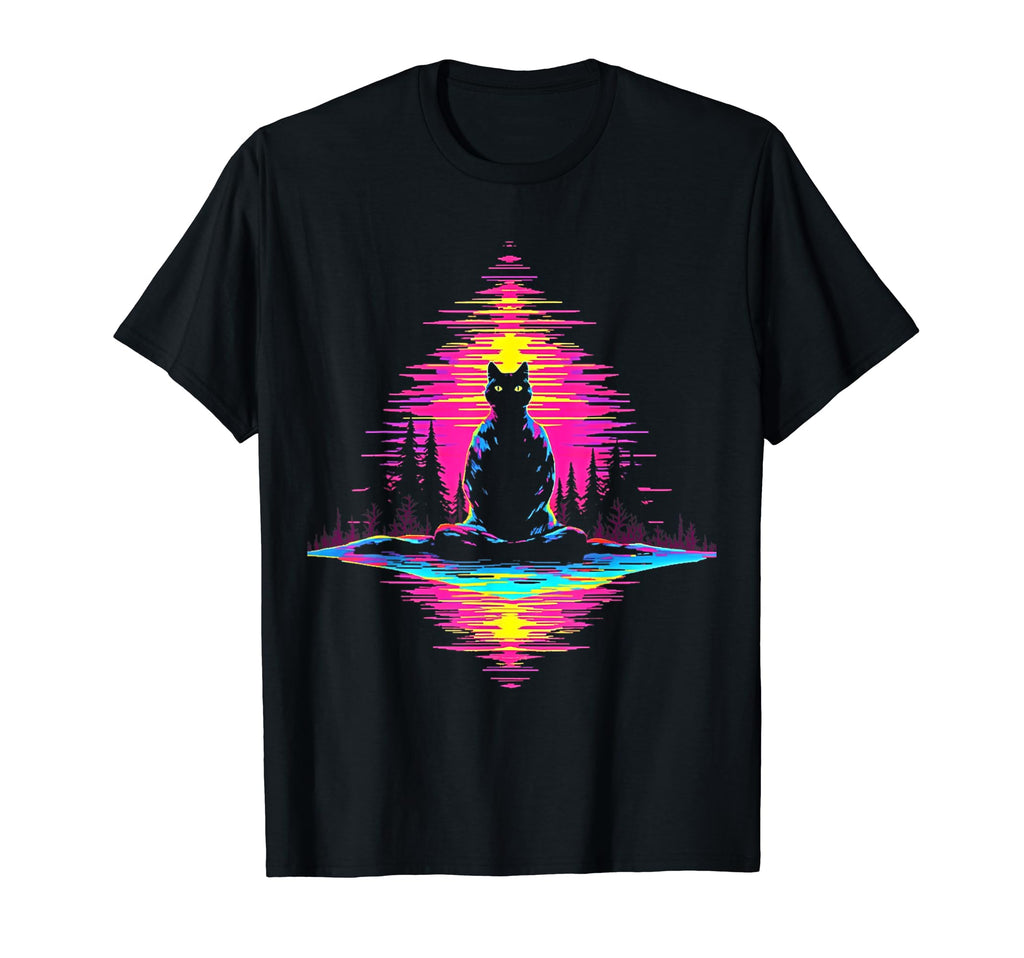 Synthwave Cat Samurai Mediation T-Shirt - Casual Everyday Wear Men Women - T-Shirt, Sweatshirt, Hoodie