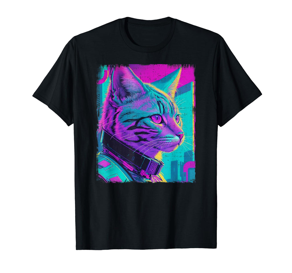 Cyberpunk Cat Vaporwave 80S T-Shirt - Custom Art Print for Adults - T-Shirt, Sweatshirt, Hoodie