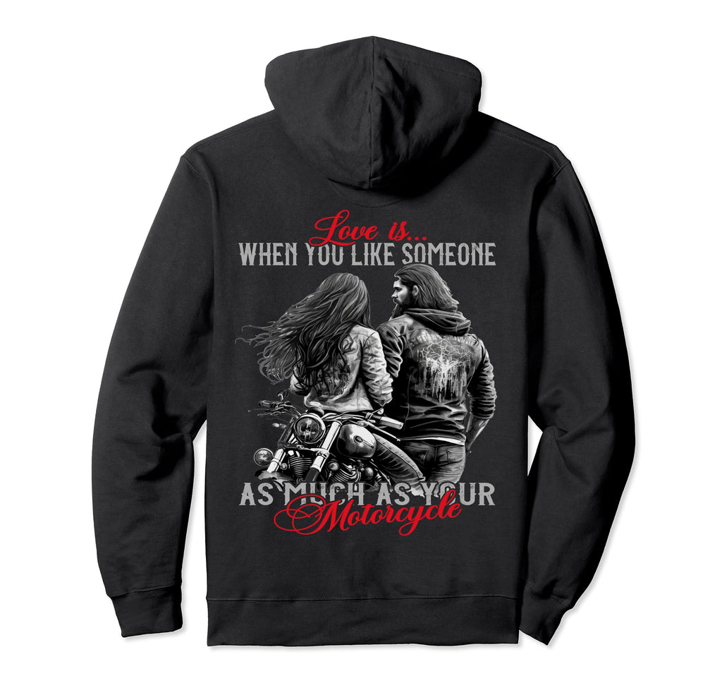 Biker Couple Motorcycle Love Is When Hoodie - Aesthetic Graphic Men Women - T-Shirt, Sweatshirt, Hoodie