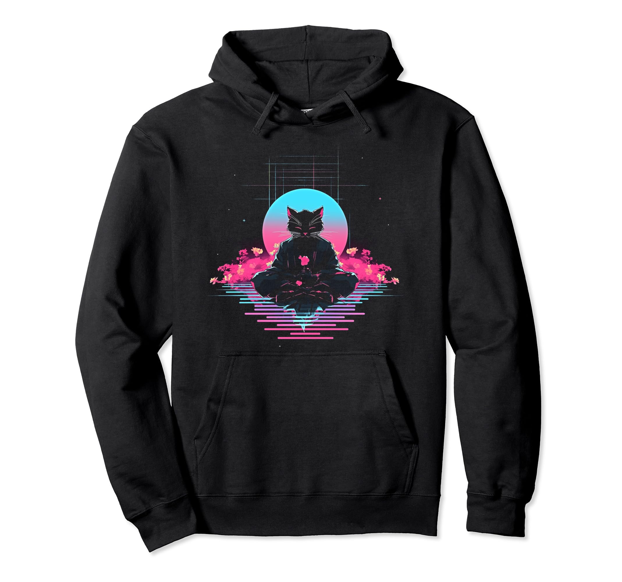 Synthwave Cat Samurai Mediation Vaporwave Hoodie - Novelty Apparel Unisex - T-Shirt, Sweatshirt, Hoodie