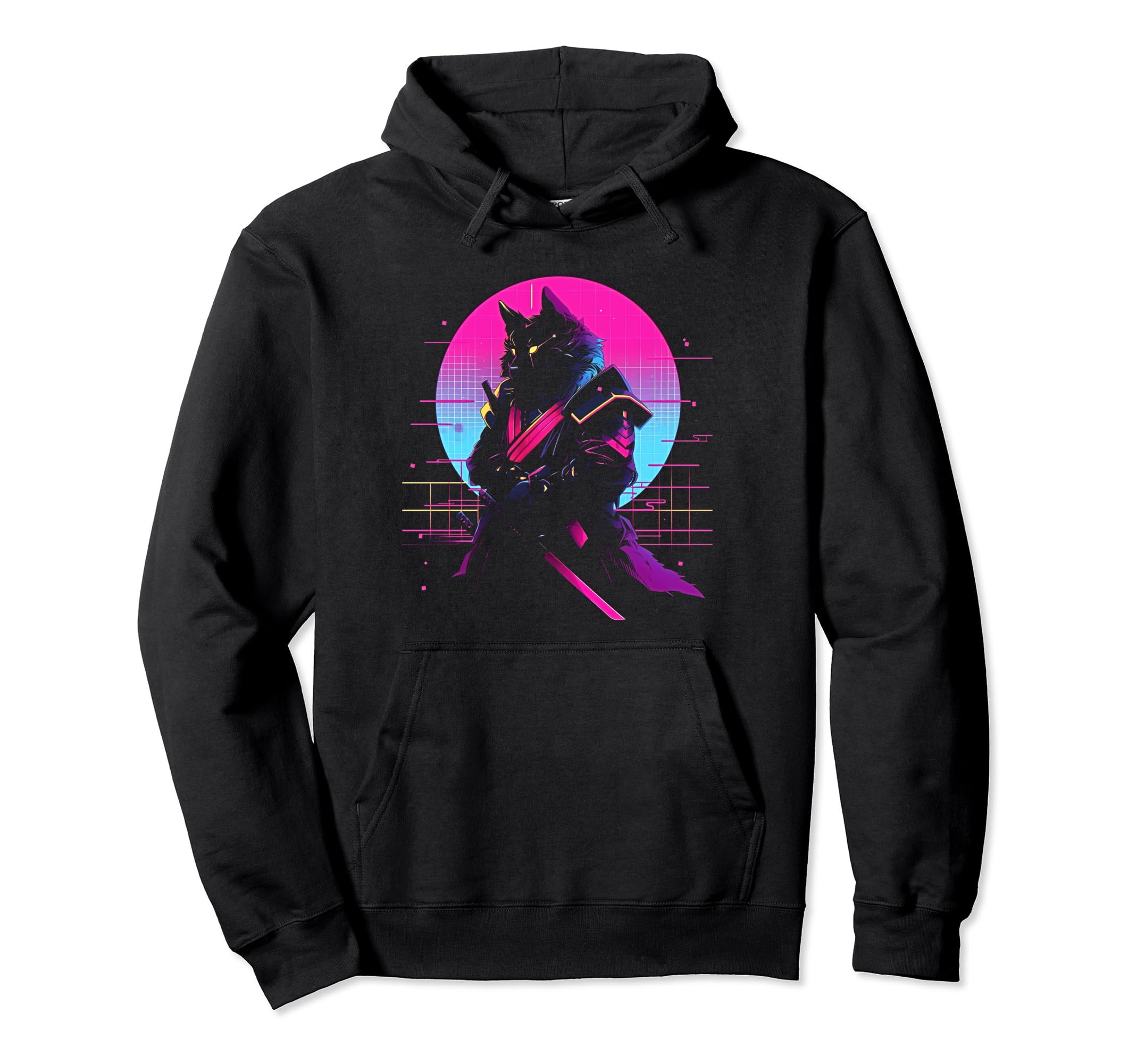 Synthwave Cat Samurai Mediation Hoodie - Trendy Graphic for Adults - T-Shirt, Sweatshirt, Hoodie