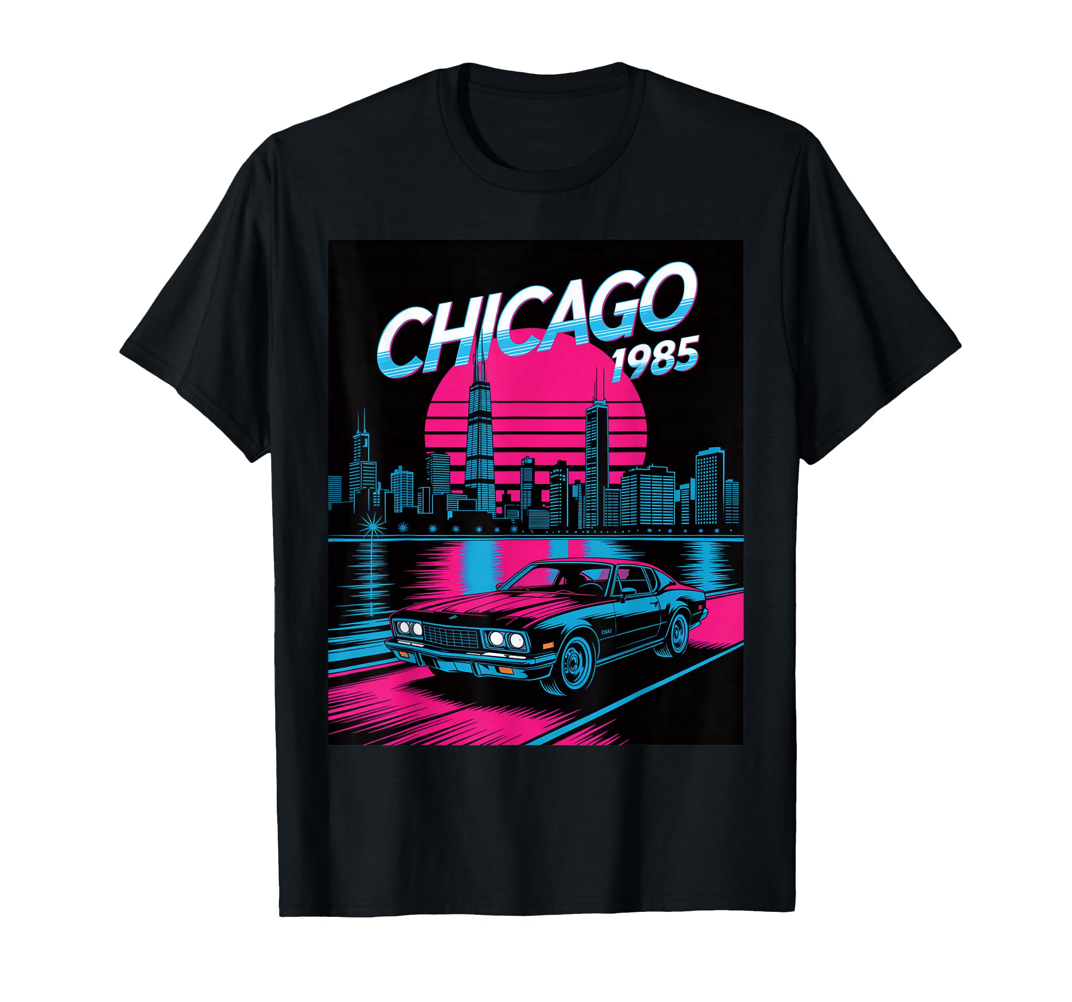 Chicago 1985 Muscle Car Skyline T-Shirt - Unique Graphic for Adults - T-Shirt, Sweatshirt, Hoodie