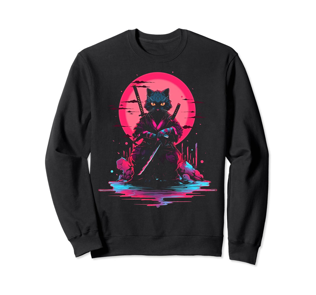 Synthwave Cat Samurai Mediation Sweatshirt - Fun Novelty Design Unisex - T-Shirt, Sweatshirt, Hoodie