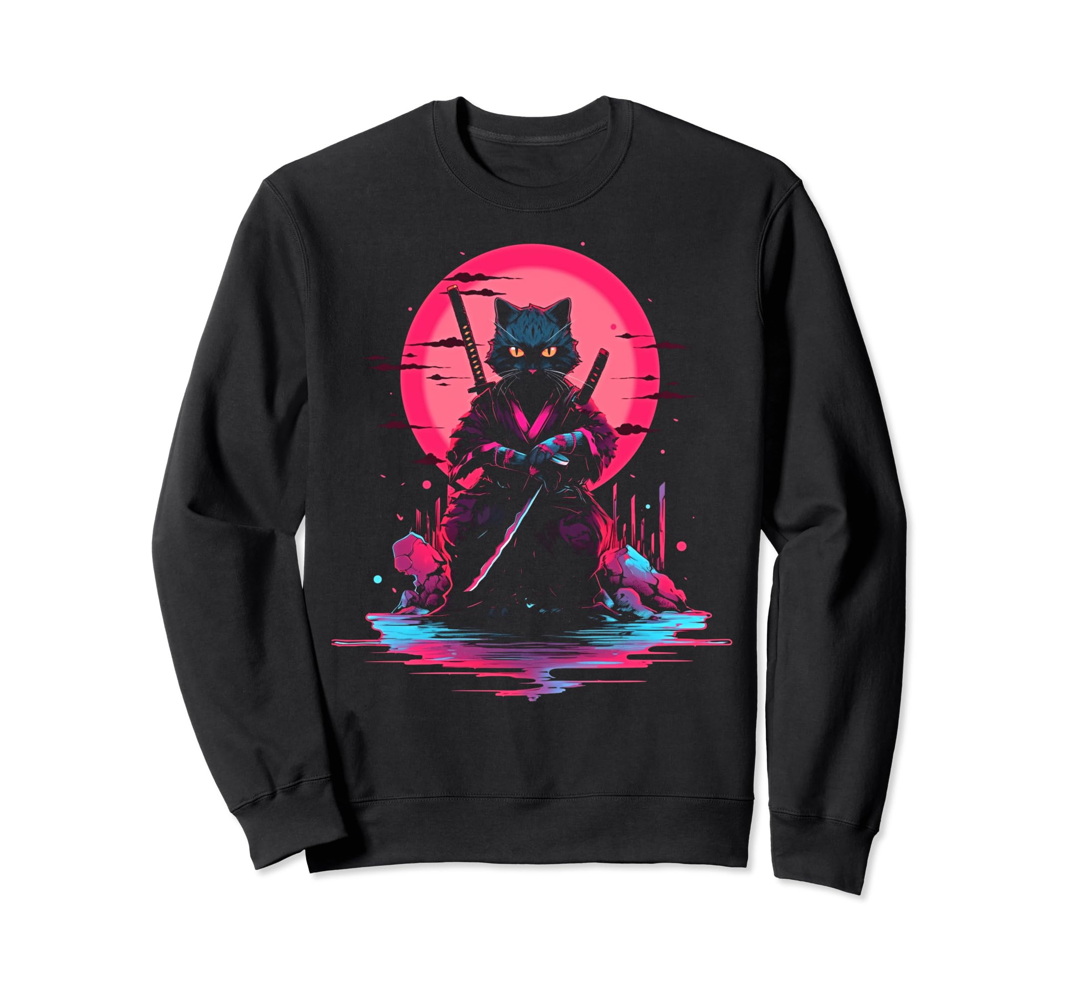Synthwave Cat Samurai Mediation Sweatshirt - Fun Novelty Design Unisex - T-Shirt, Sweatshirt, Hoodie
