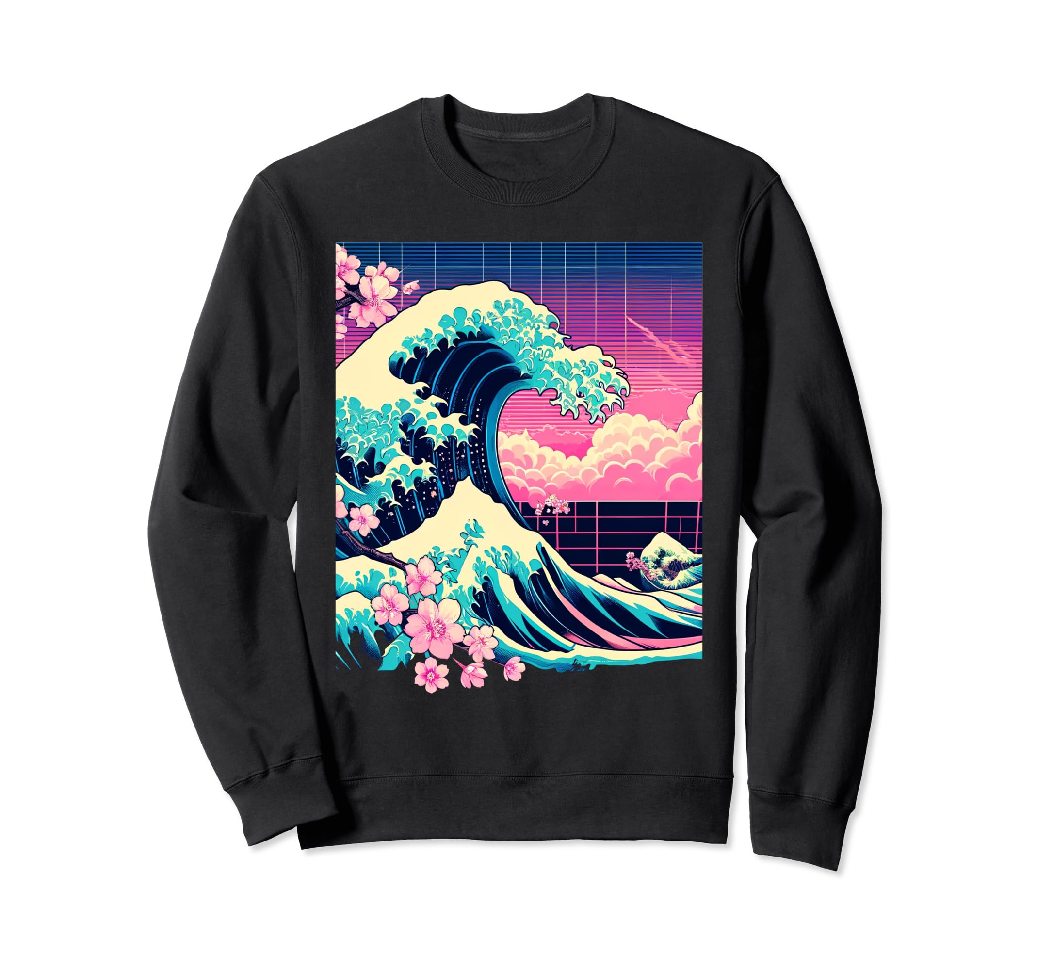 Vaporwave Great Wave Kanagawa Cherry Sweatshirt - Unique Graphic Men Women - T-Shirt, Sweatshirt, Hoodie