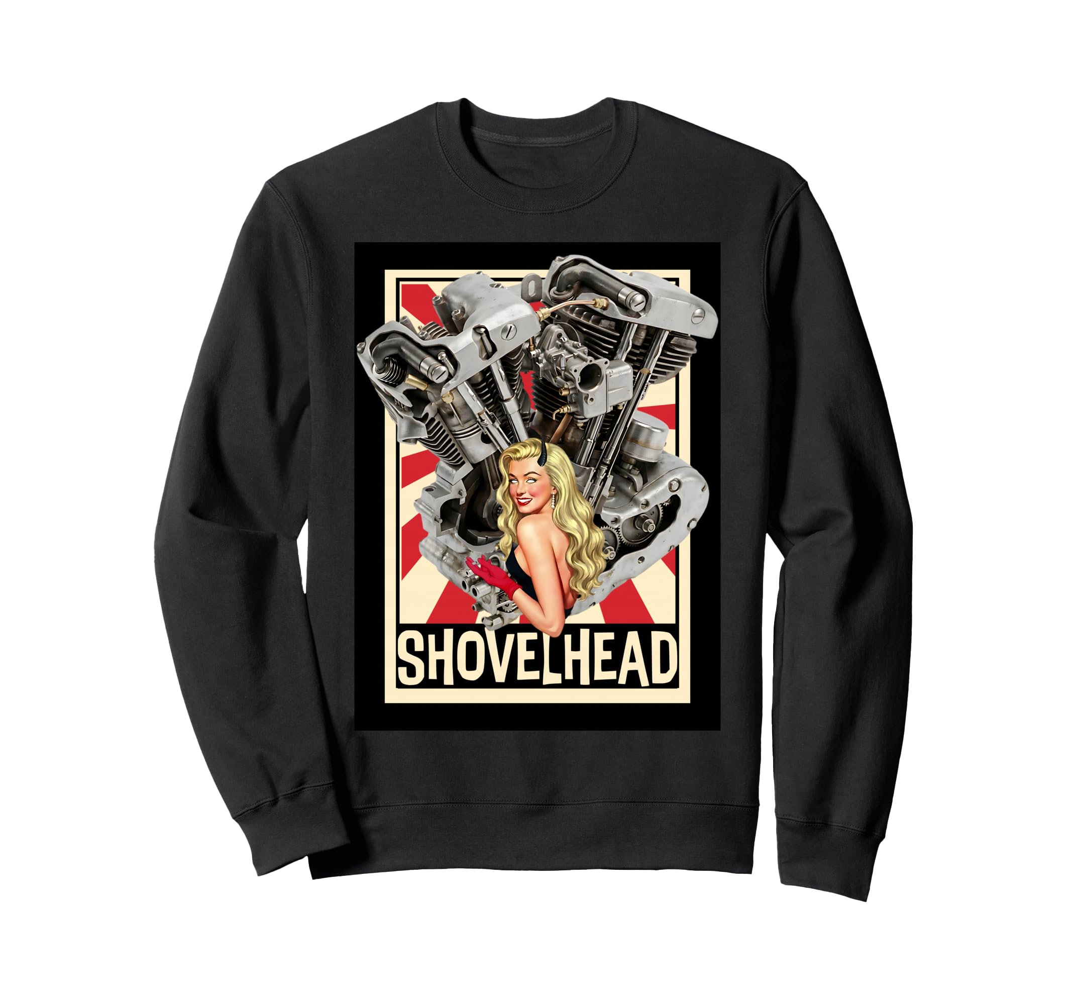 Shovelhead Engine Pinup Biker Art Sweatshirt - Custom Art Print for Adults - T-Shirt, Sweatshirt, Hoodie