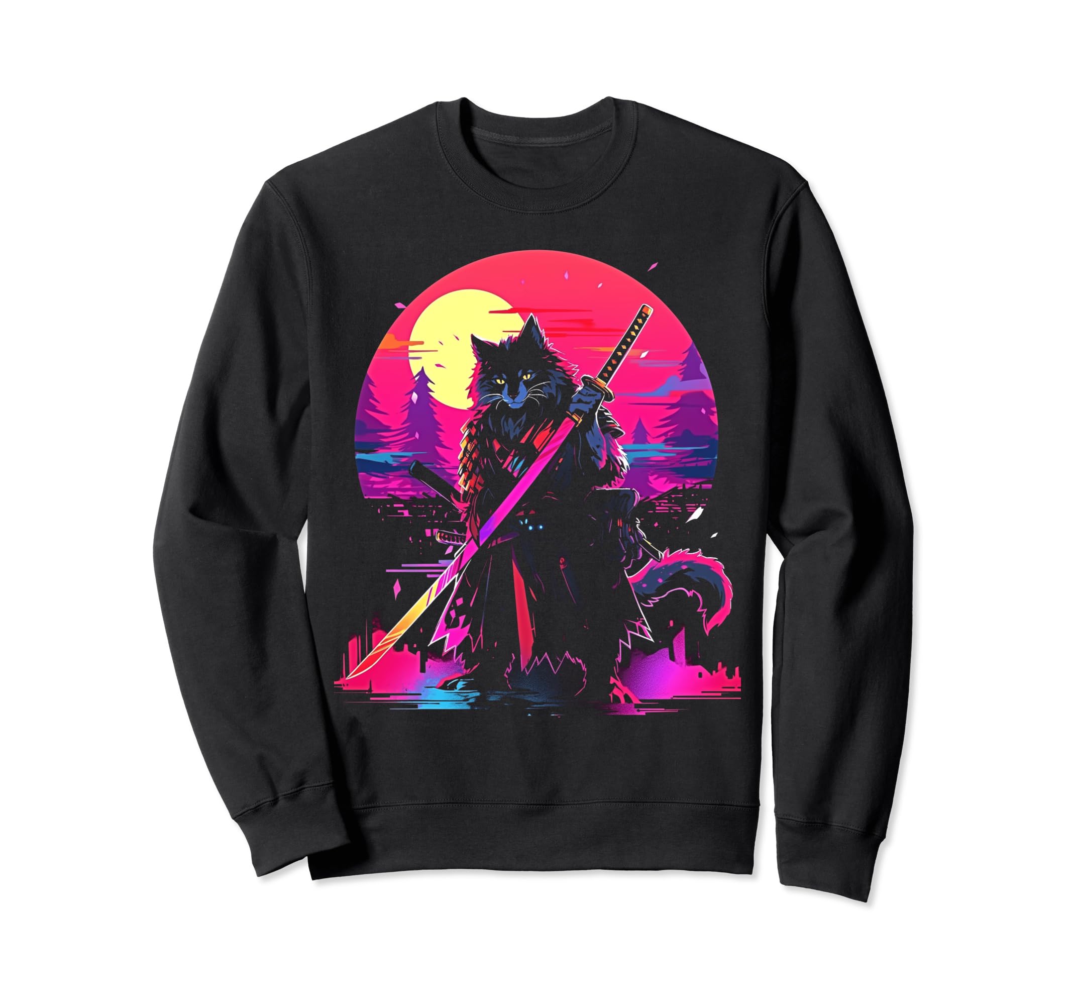 Synthwave Cat Samurai Mediation Sweatshirt - Minimalist Print for Adults - T-Shirt, Sweatshirt, Hoodie