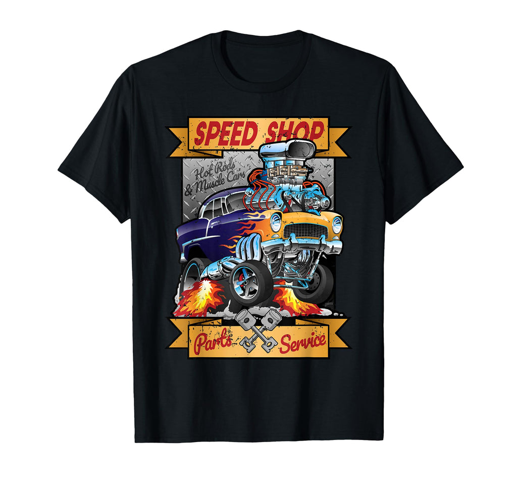 Speed Shop Hotrod Muscle Car Cartoon T-Shirt - Custom Art Print Men Women - T-Shirt, Sweatshirt, Hoodie