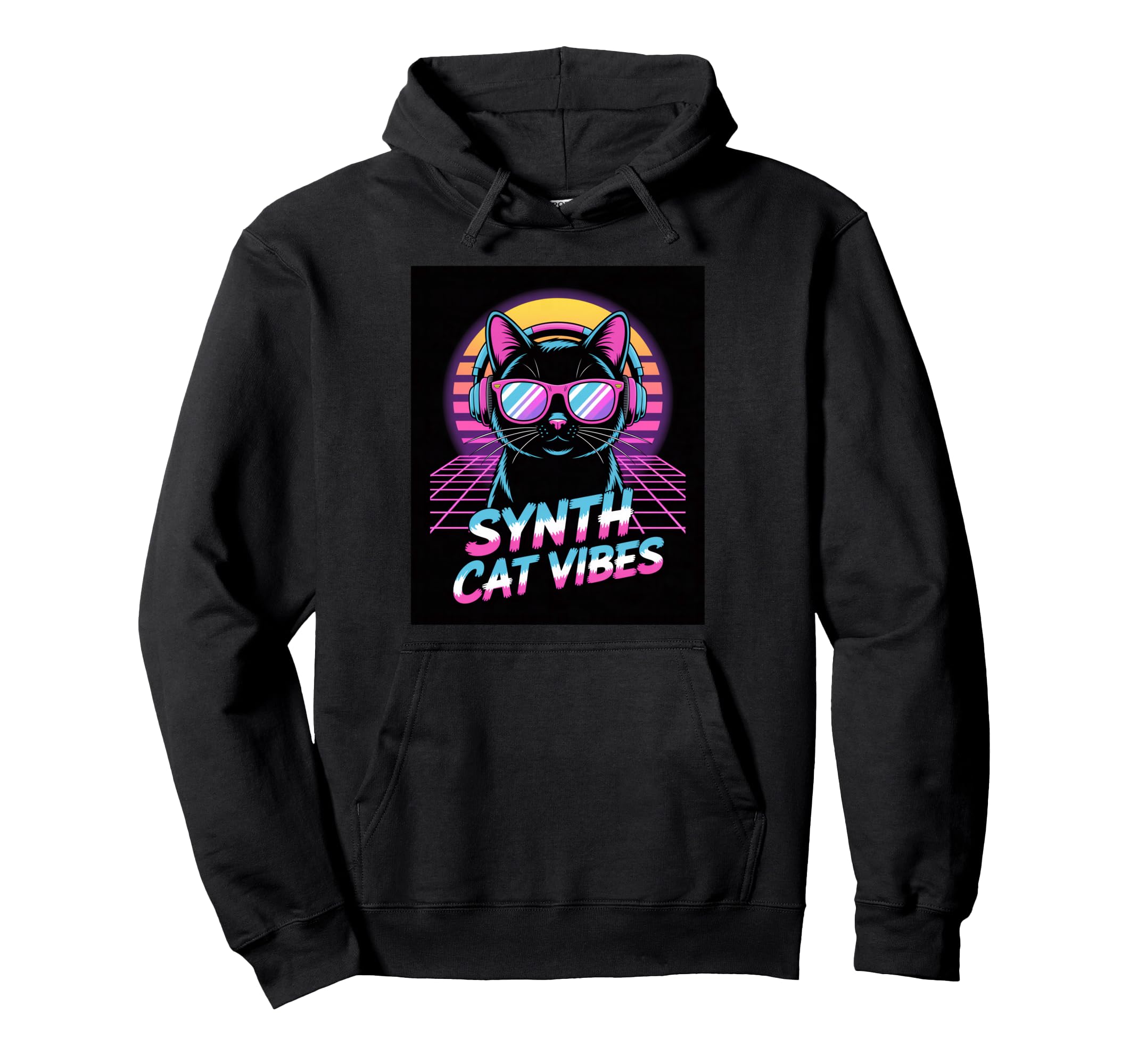 Synth Cat Vibes 80S Synthwave Hoodie - Casual Everyday Wear Unisex - T-Shirt, Sweatshirt, Hoodie