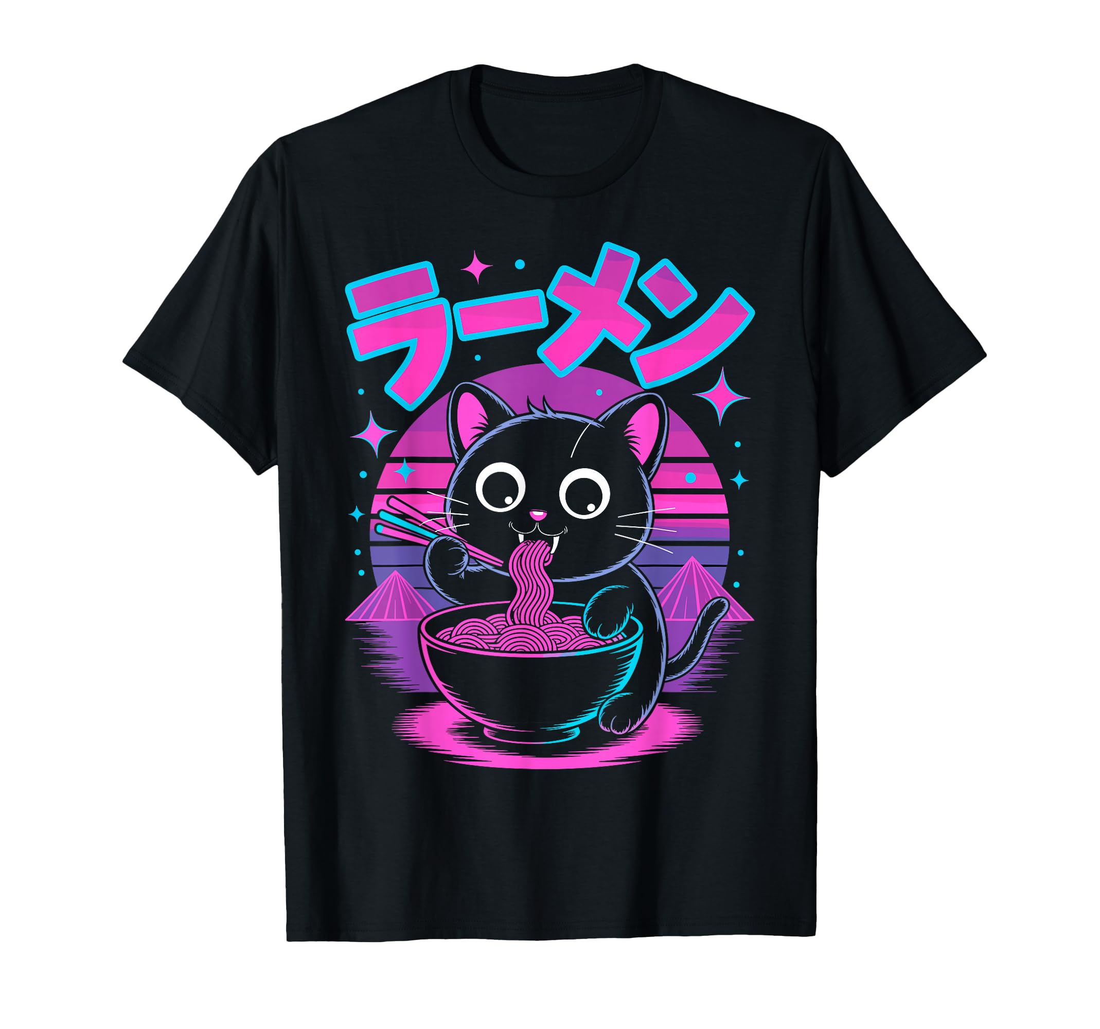 Synthwave Cat Ramen Anime Noodle T-Shirt - Casual Everyday Wear for Adults - T-Shirt, Sweatshirt, Hoodie