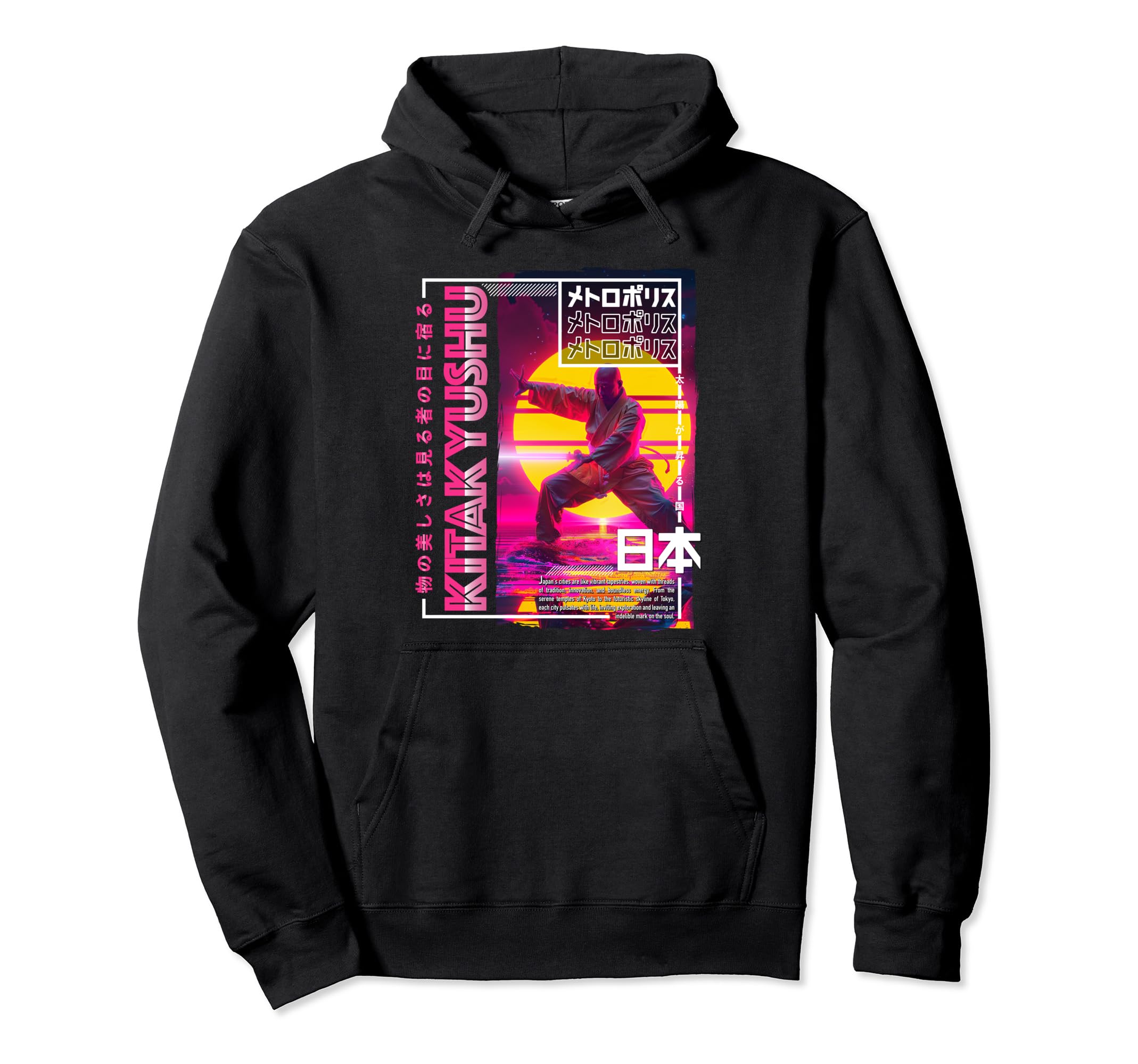 Kitakyushu City 80S Synthwave Shaolin Hoodie - Unique Graphic for Adults - T-Shirt, Sweatshirt, Hoodie