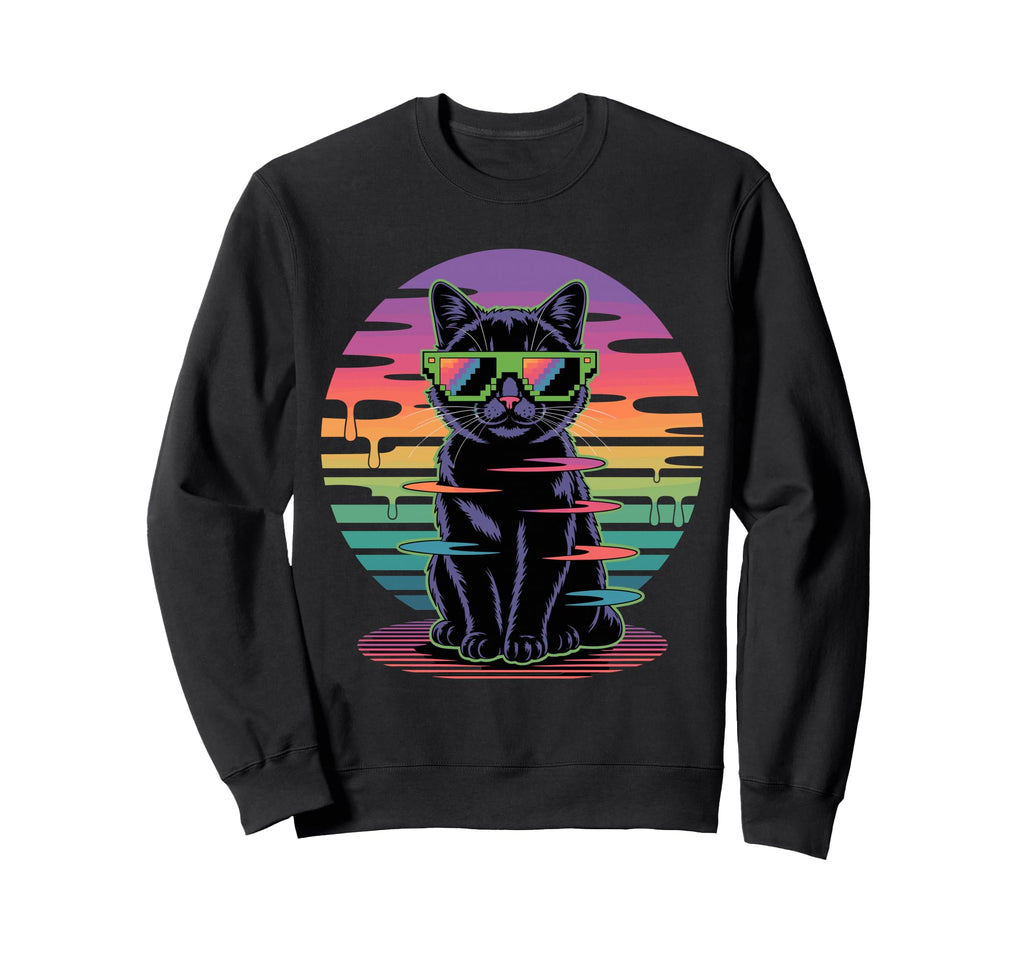 Vaporwave Black Cat Pixel Sunglasses Sweatshirt - Trendy Graphic Unisex - T-Shirt, Sweatshirt, Hoodie